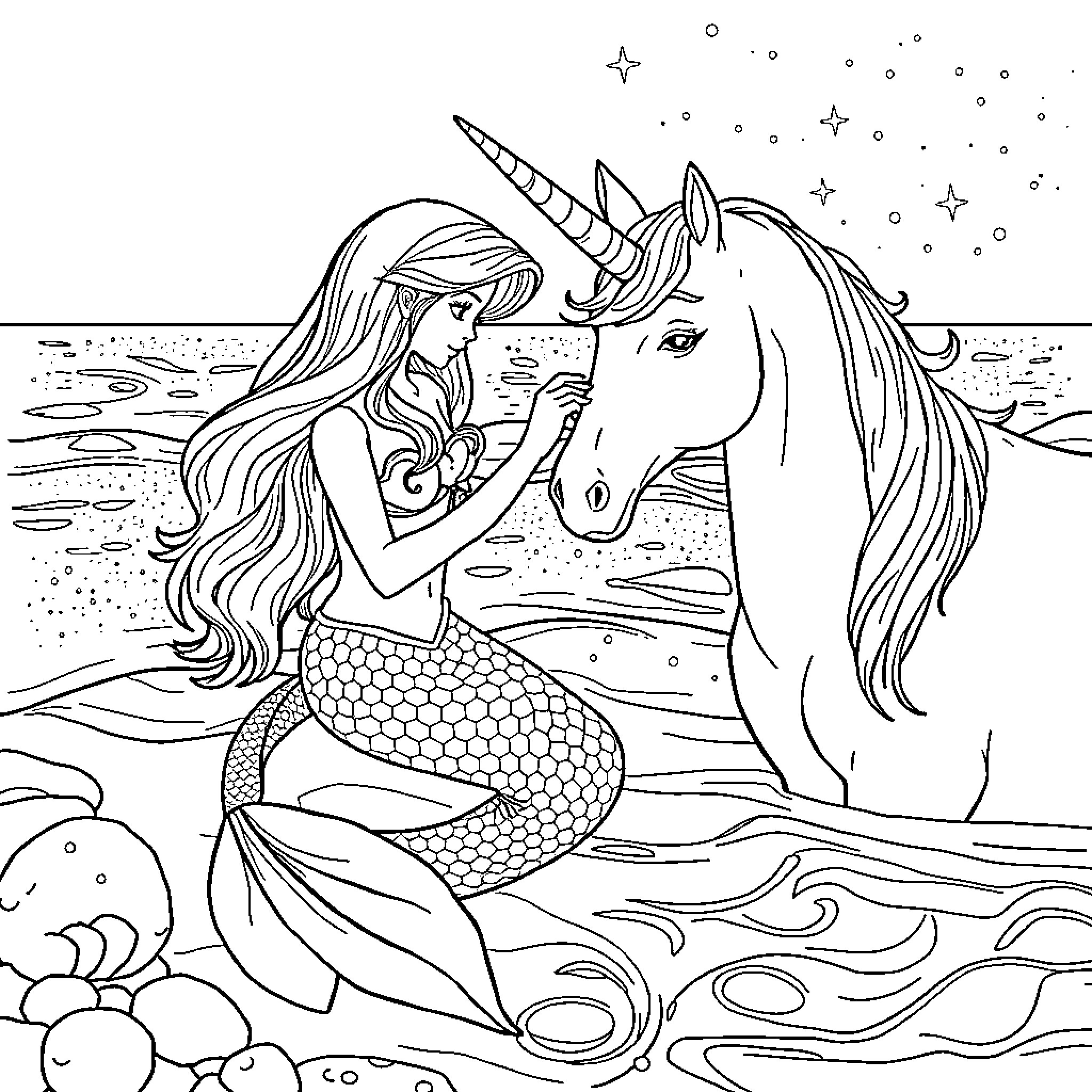 Mermaid and unicorn embrace in magical ocean scene Coloring Page (free black-and-white line drawing printable PDF for all, from beginners to advanced learners, including children, teens, adults, and seniors)