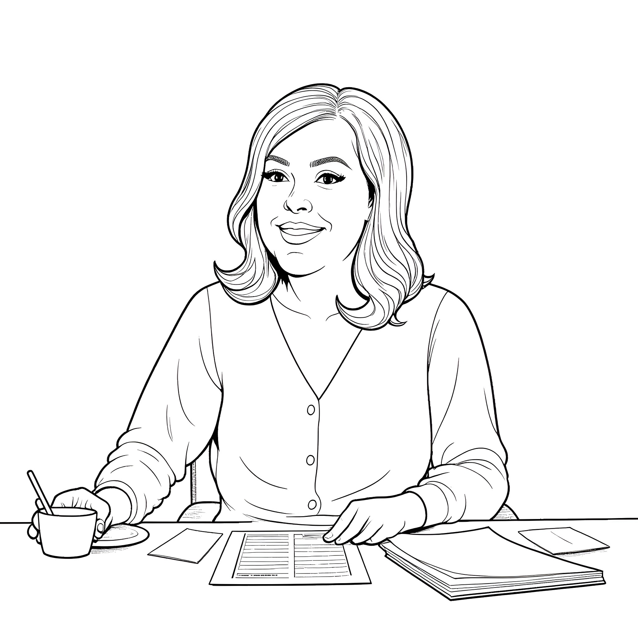 Melissa McCarthy working diligently at her desk Coloring Page (free black-and-white line drawing printable PDF for all, from beginners to advanced learners, including children, teens, adults, and seniors)