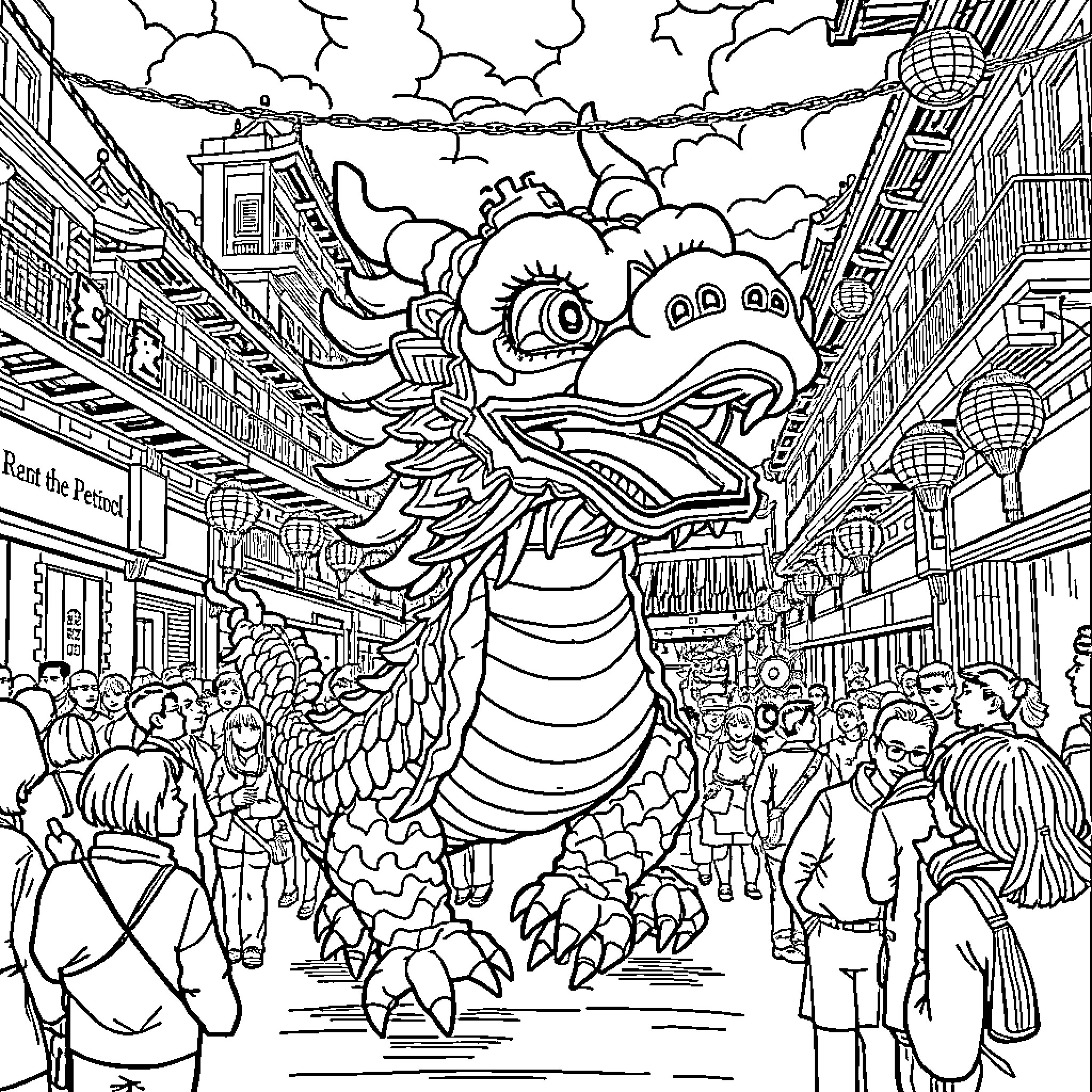 Dragon festival parade through the city Coloring Page (free black-and-white line drawing printable PDF for all, from beginners to advanced learners, including children, teens, adults, and seniors)