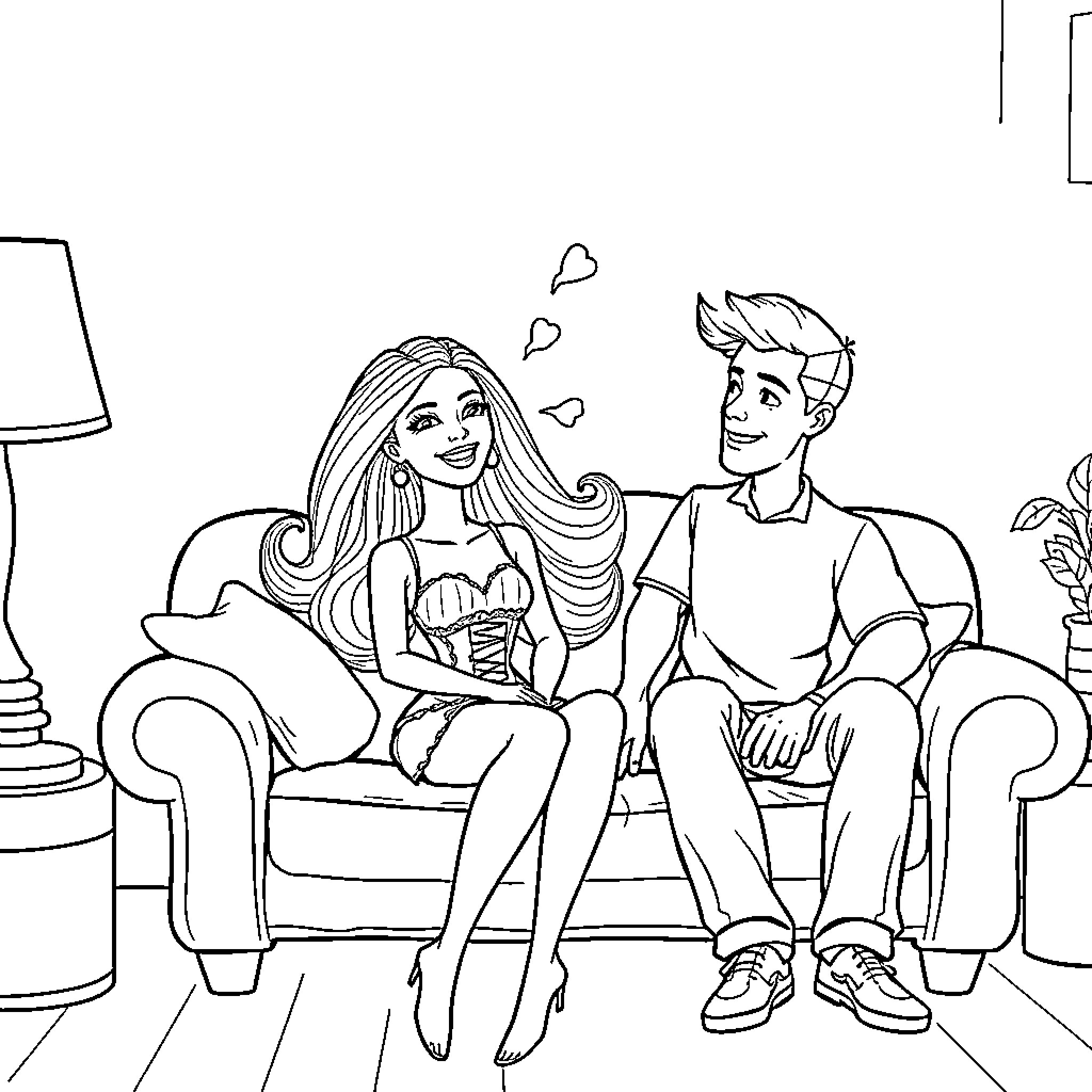 Barbie and Ken spending quality time together Coloring Page (free black-and-white line drawing printable PDF for all, from beginners to advanced learners, including children, teens, adults, and seniors)