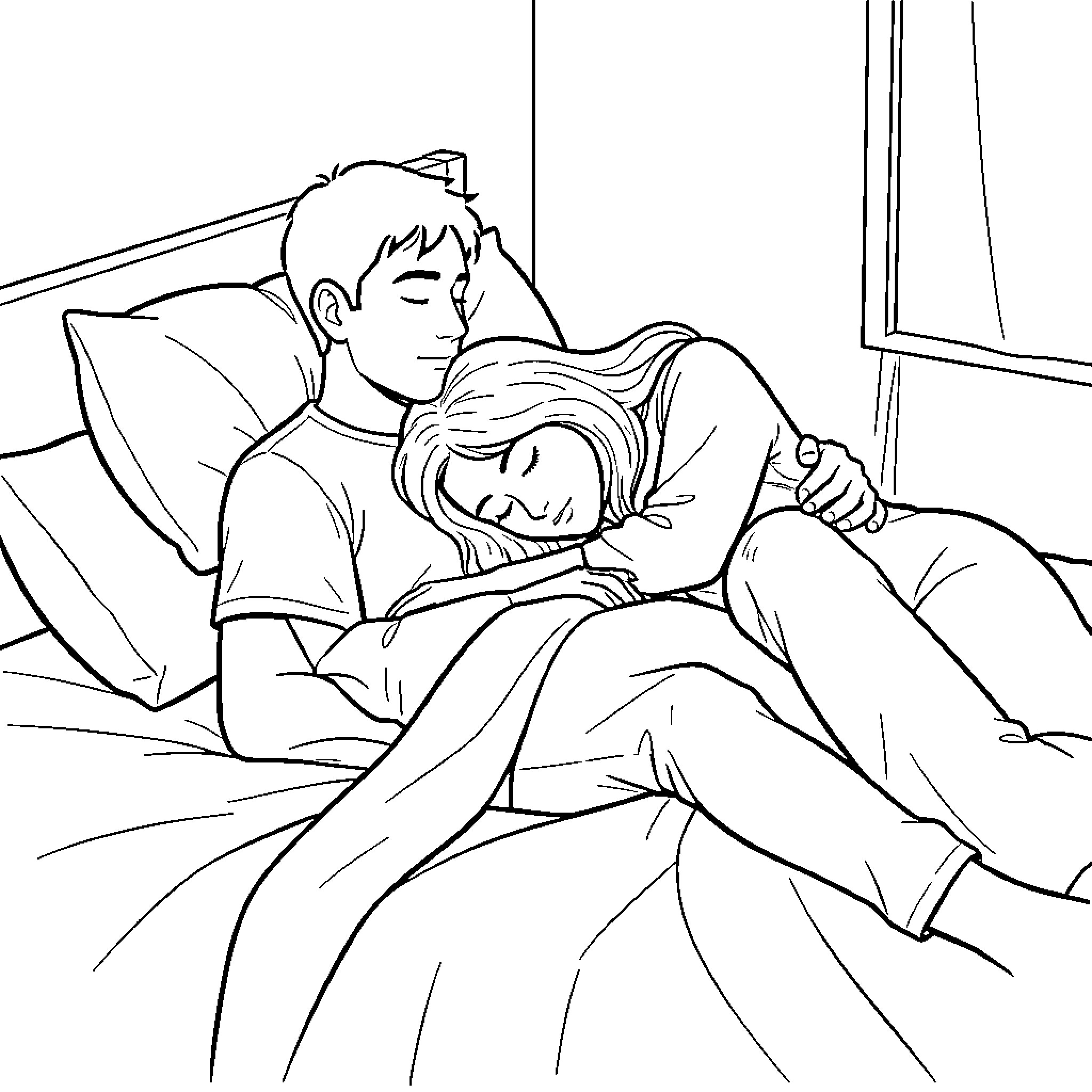 Couple sleeping peacefully together in a bed Coloring Page (free black-and-white line drawing printable PDF for all, from beginners to advanced learners, including children, teens, adults, and seniors)
