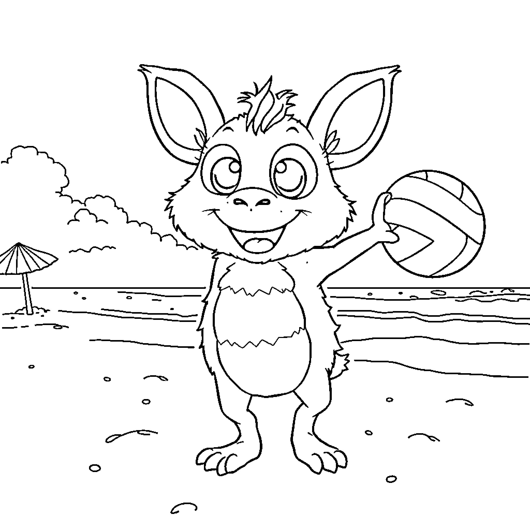 Creature playing happily with beach ball on the shore Coloring Page (free black-and-white line drawing printable PDF for all, from beginners to advanced learners, including children, teens, adults, and seniors)