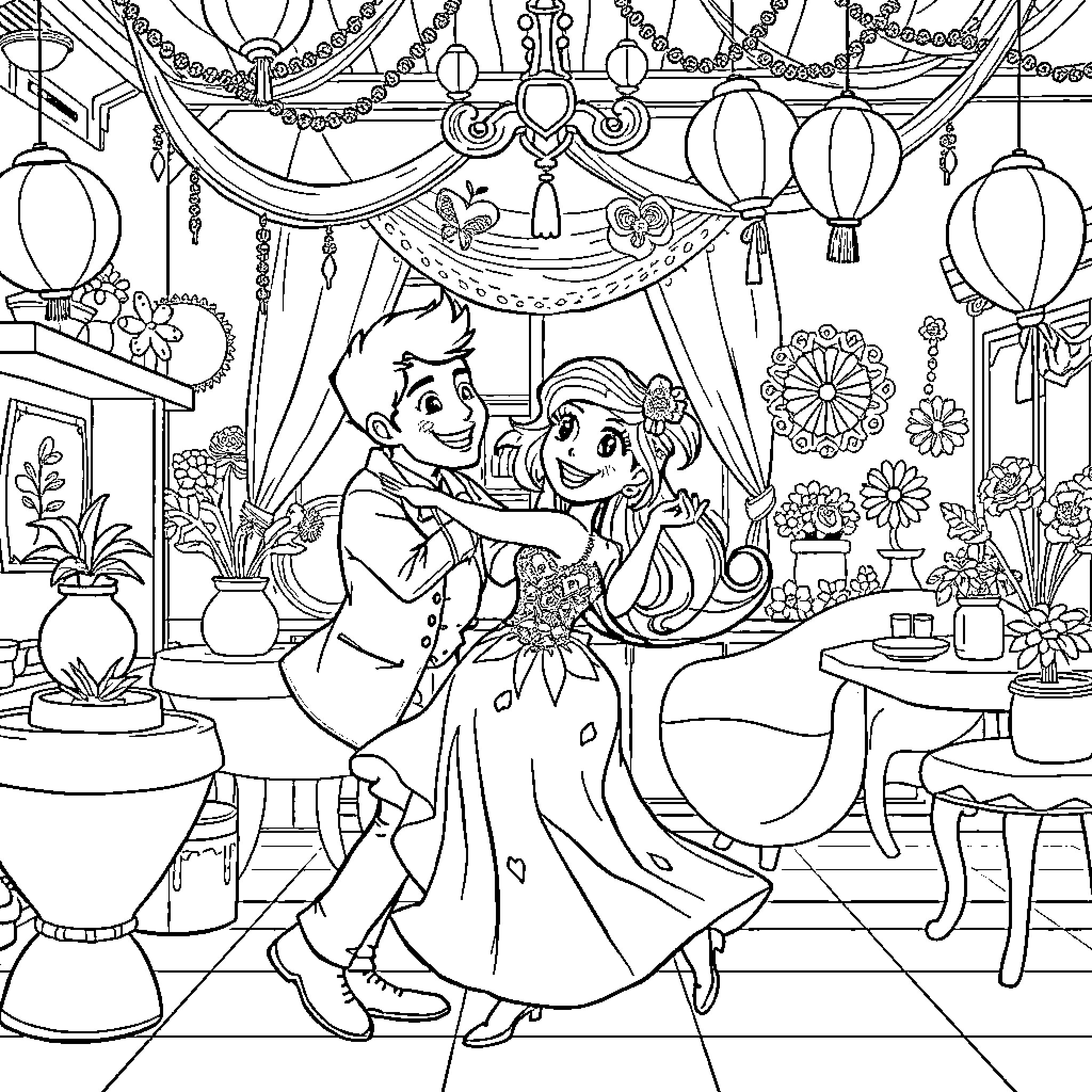 Maribel's Enchanted Dance Party Coloring Page (free black-and-white line drawing printable PDF for all, from beginners to advanced learners, including children, teens, adults, and seniors)
