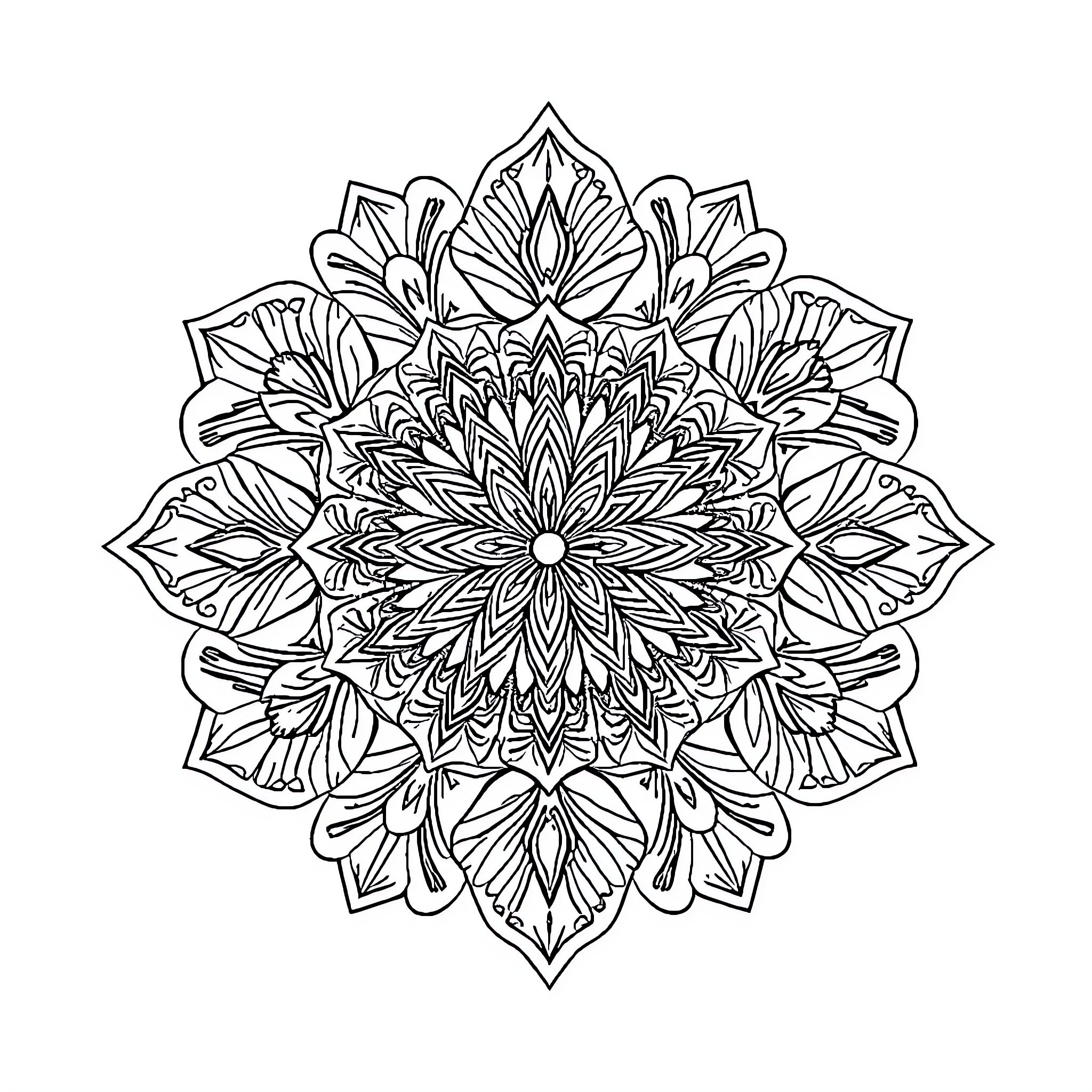 Mandala of intricate floral patterns Coloring Page (free black-and-white line drawing printable PDF for all, from beginners to advanced learners, including children, teens, adults, and seniors)