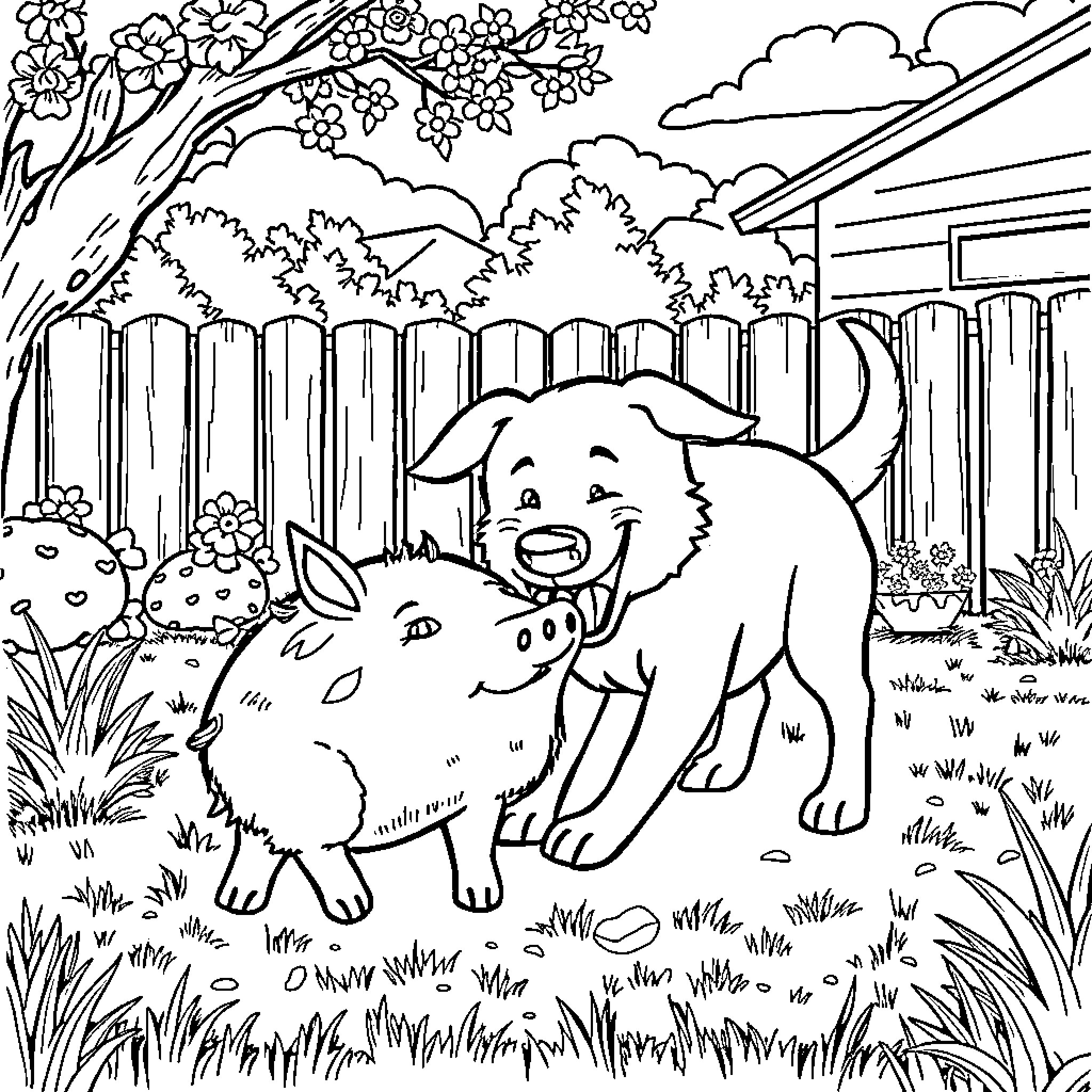 Dog Playing with Pig in the Yard Coloring Page (free black-and-white line drawing printable PDF for all, from beginners to advanced learners, including children, teens, adults, and seniors)