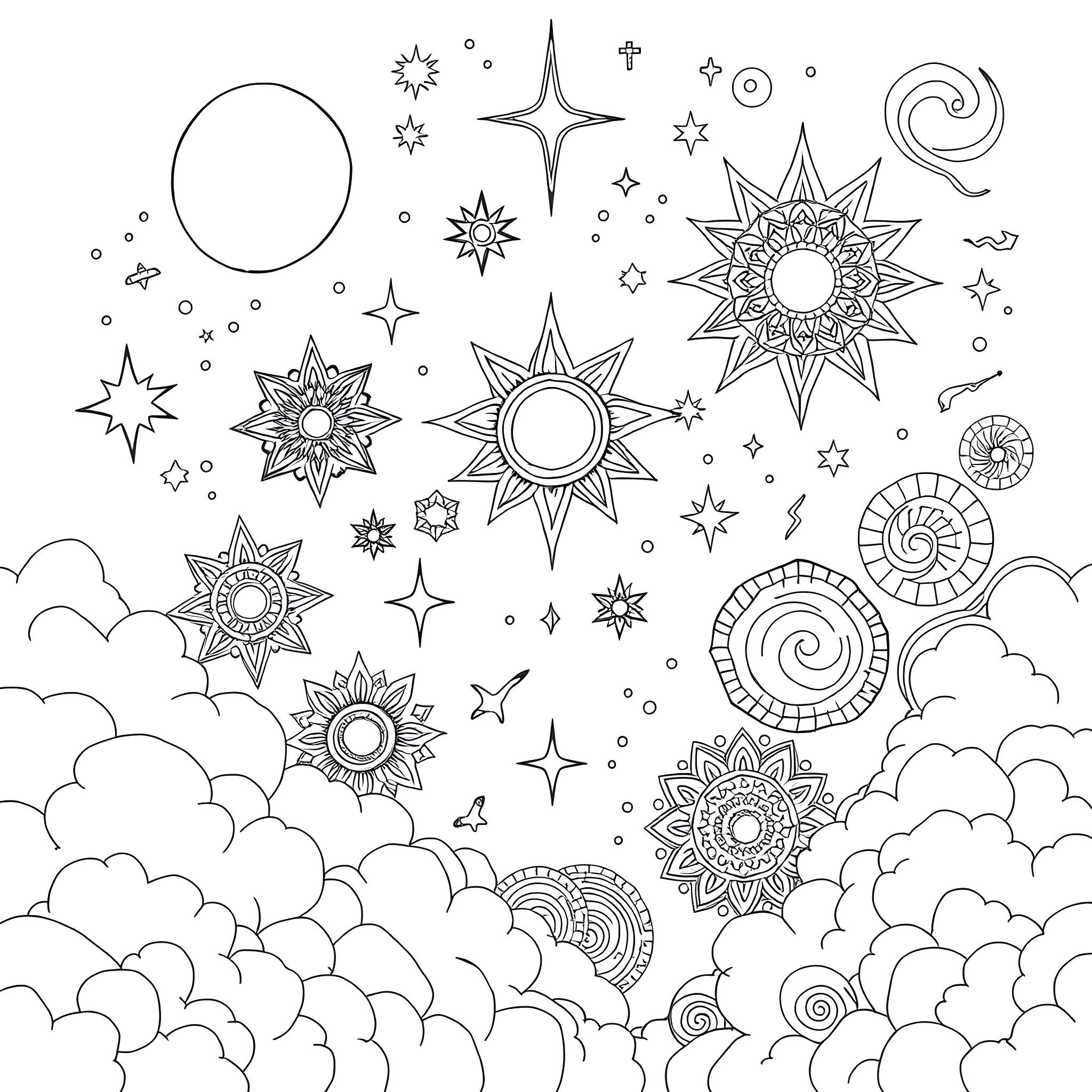 Heaven Shape of Celestial Elements Coloring Page (free black-and-white line drawing printable PDF for all, from beginners to advanced learners, including children, teens, adults, and seniors)