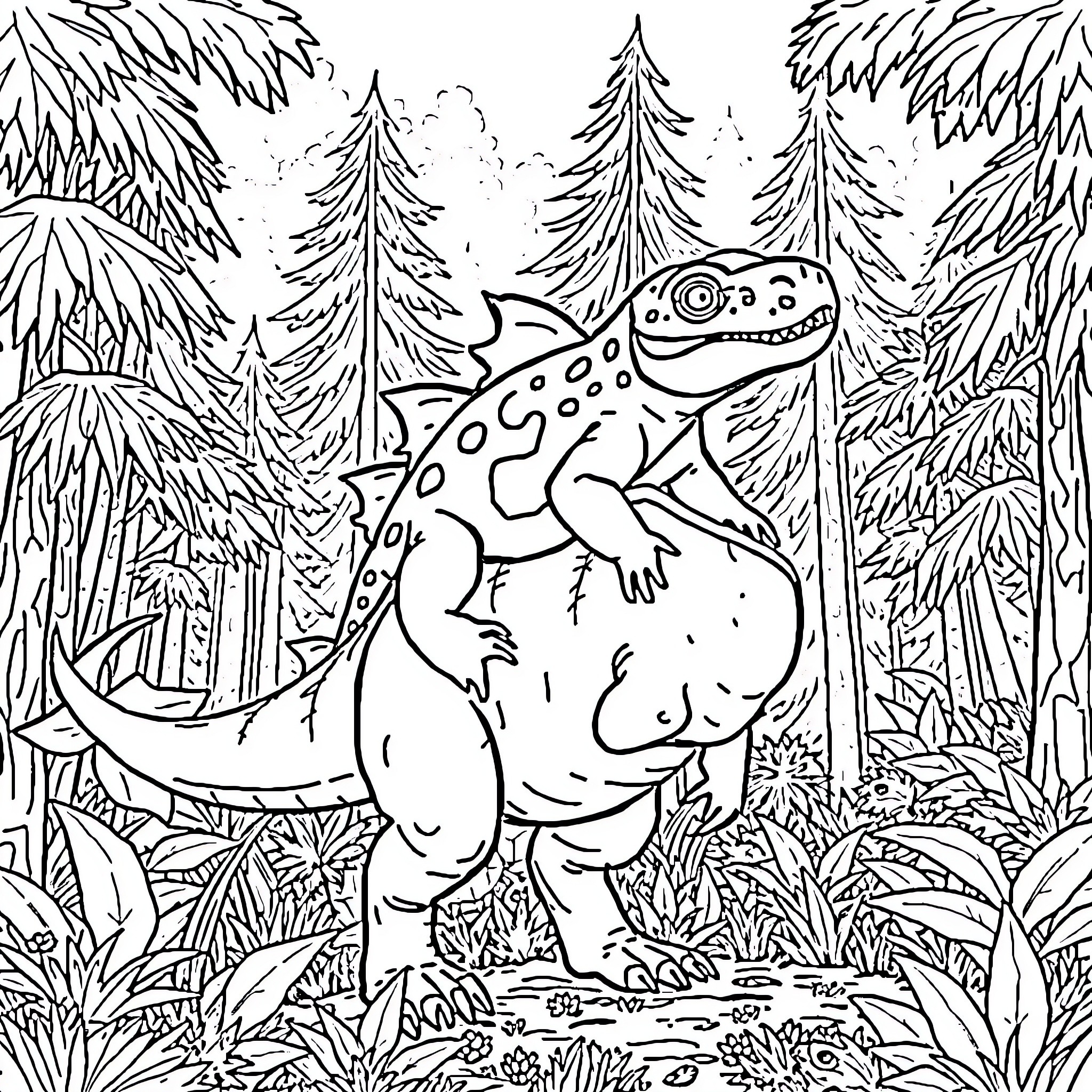 Axolotl exploring the forest landscape Coloring Page (free black-and-white line drawing printable PDF for all, from beginners to advanced learners, including children, teens, adults, and seniors)