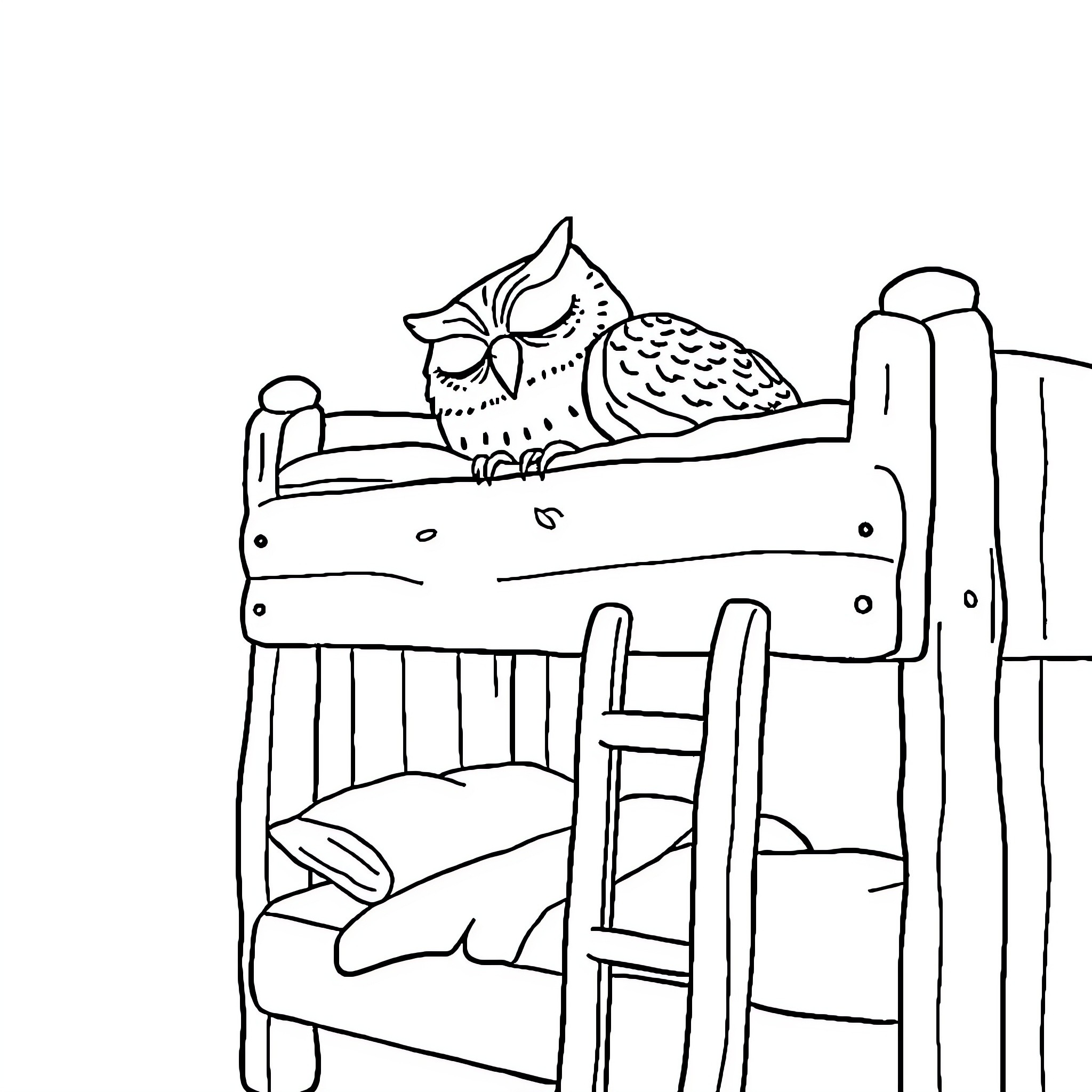 Owl resting peacefully on bunk bed Coloring Page (free black-and-white line drawing printable PDF for all, from beginners to advanced learners, including children, teens, adults, and seniors)