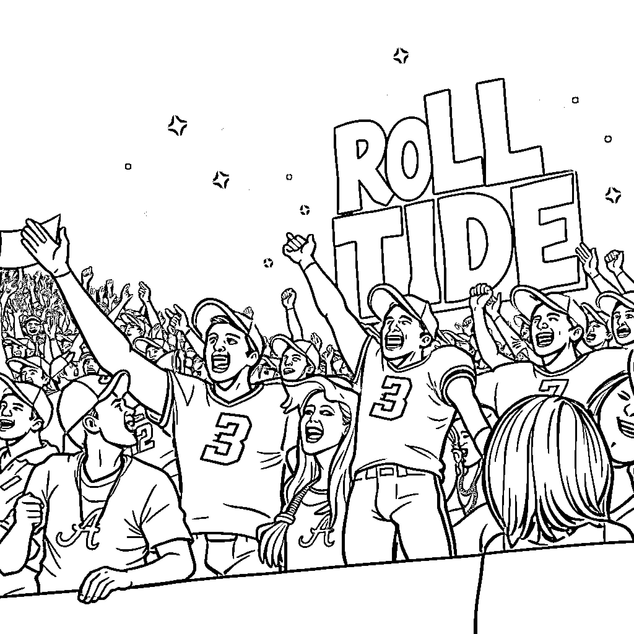 Alabama fans excitedly celebrating a win Coloring Page (free black-and-white line drawing printable PDF for all, from beginners to advanced learners, including children, teens, adults, and seniors)