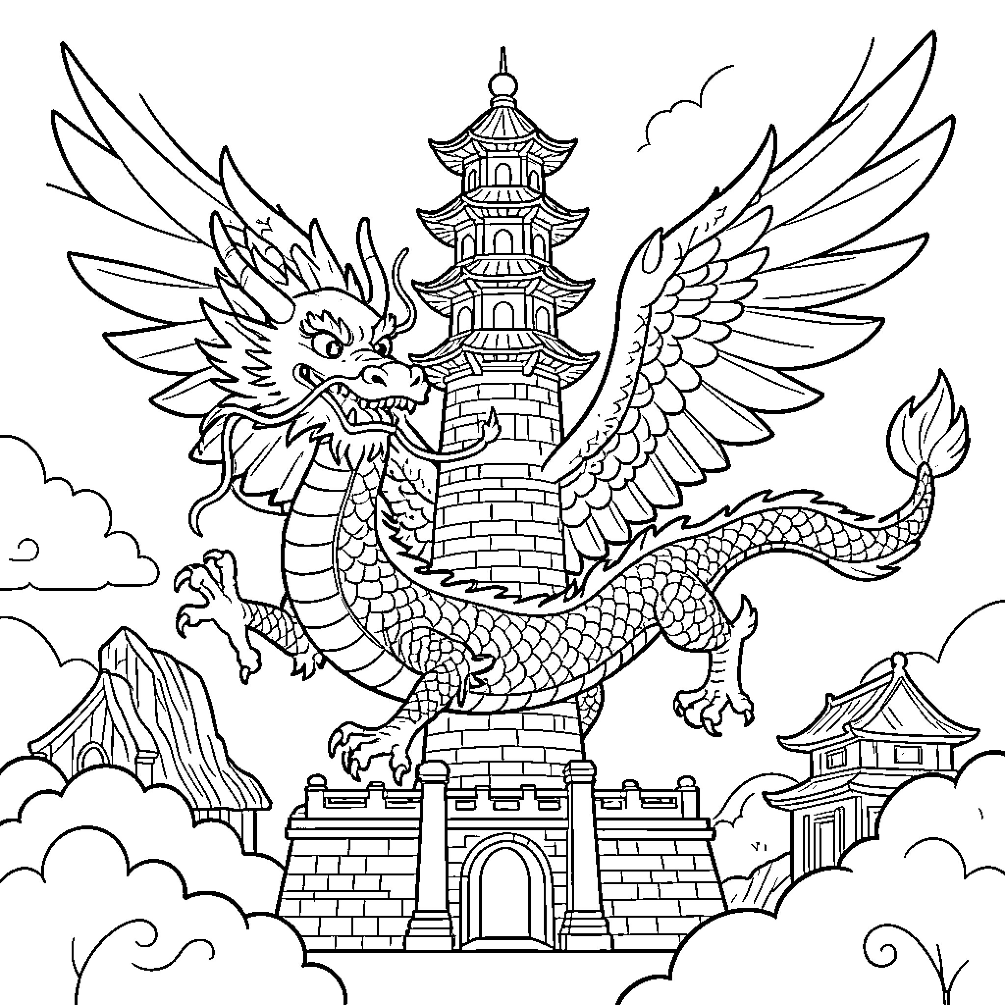 Dragon guarding a majestic oriental palace Coloring Page (free black-and-white line drawing printable PDF for all, from beginners to advanced learners, including children, teens, adults, and seniors)
