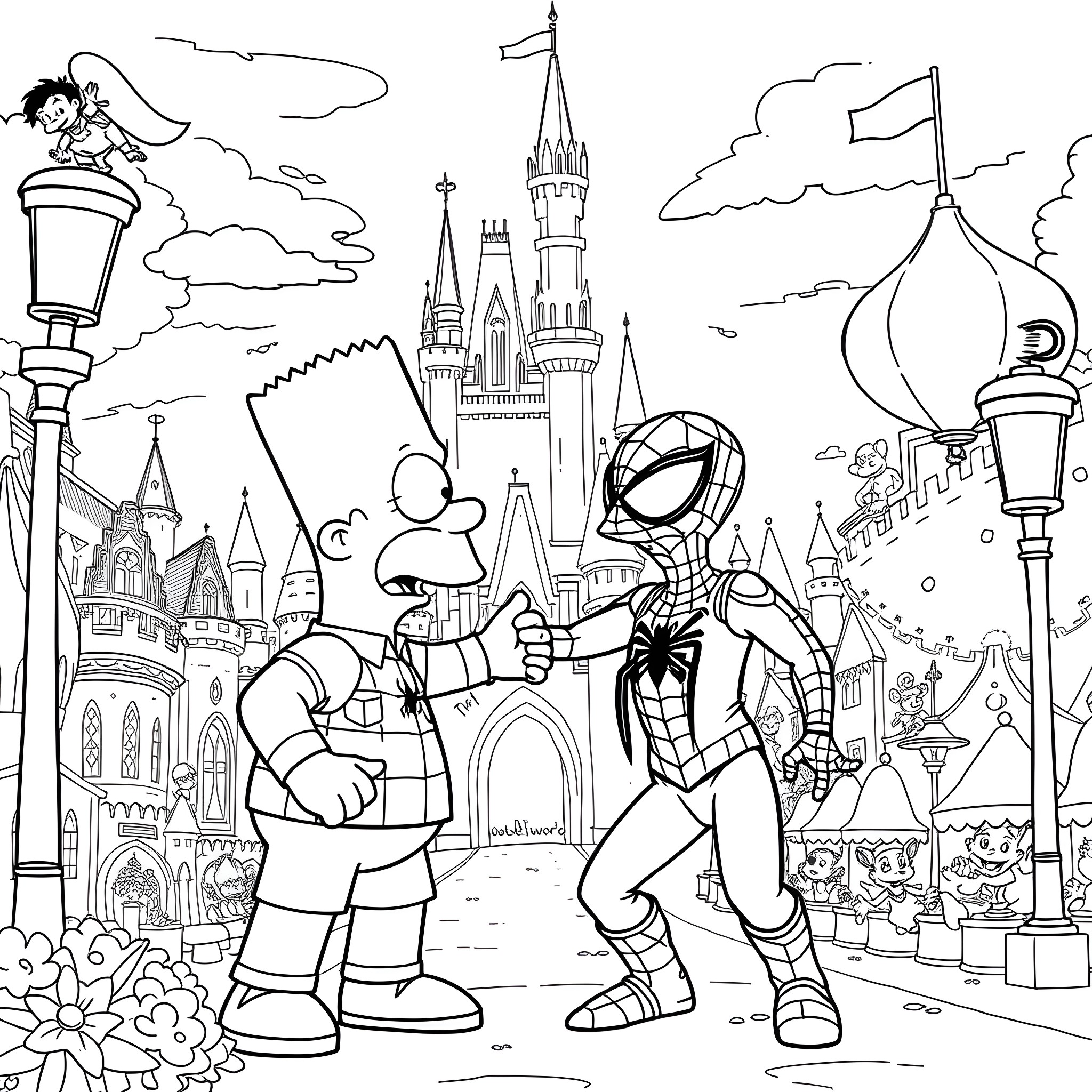 Bart Simpson and Spider-Man explore magical castle Coloring Page (free black-and-white line drawing printable PDF for all, from beginners to advanced learners, including children, teens, adults, and seniors)