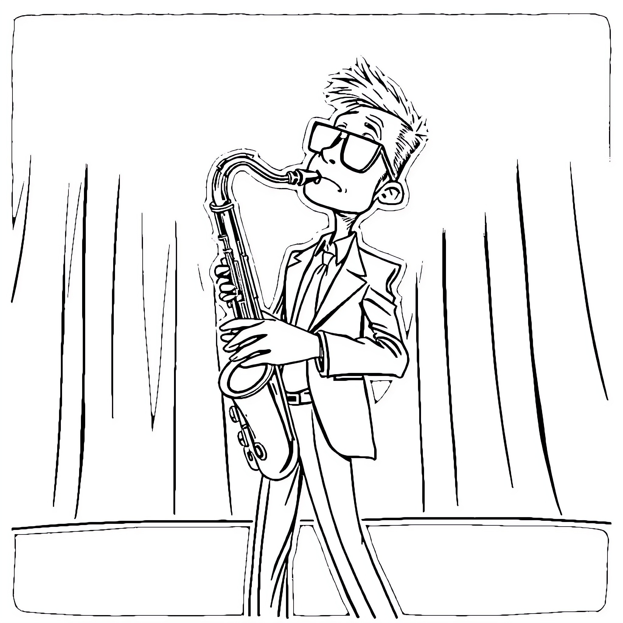 Saxophone player performing on stage Coloring Page (free black-and-white line drawing printable PDF for all, from beginners to advanced learners, including children, teens, adults, and seniors)