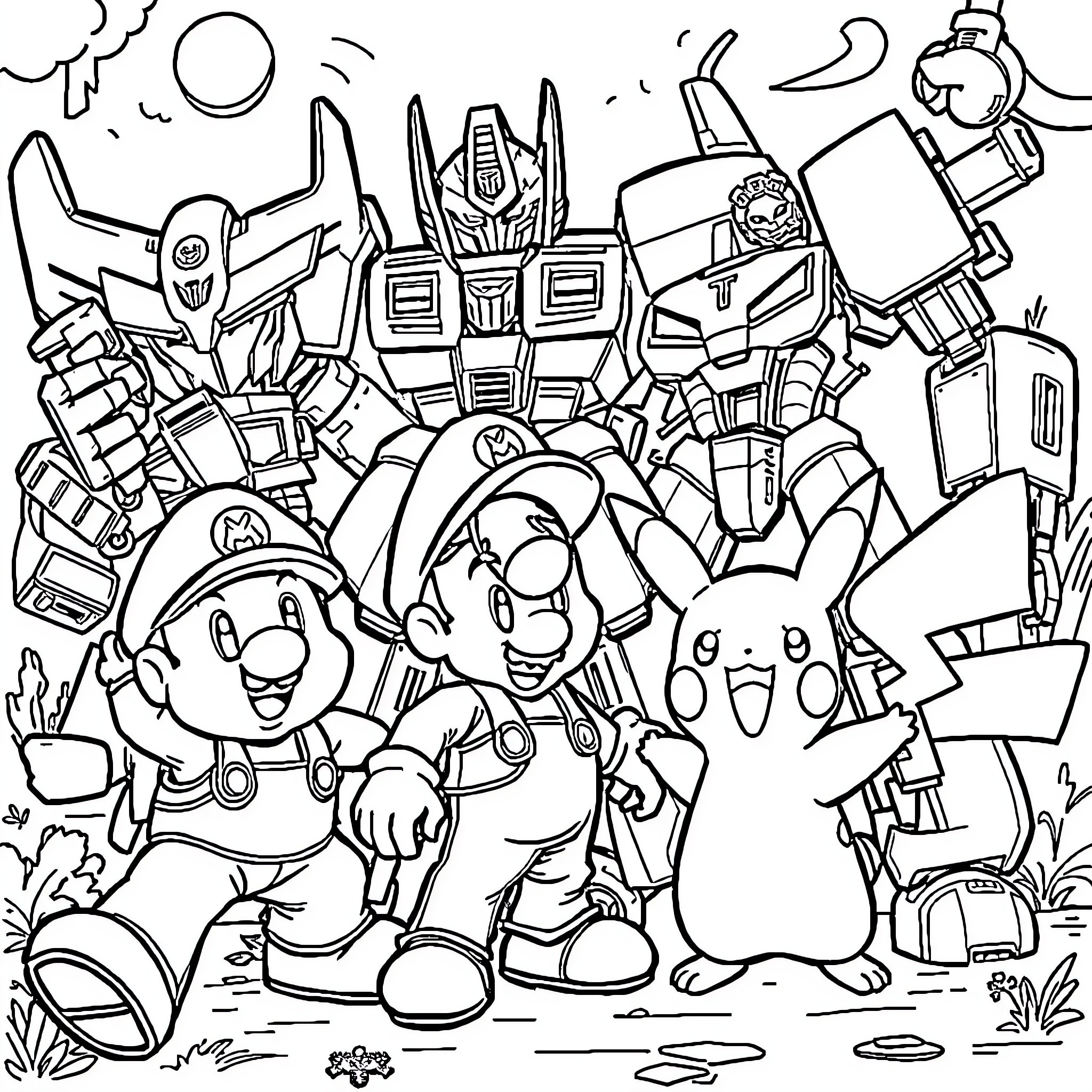 Transformer characters in a playful outdoor scene Coloring Page (free black-and-white line drawing printable PDF for all, from beginners to advanced learners, including children, teens, adults, and seniors)
