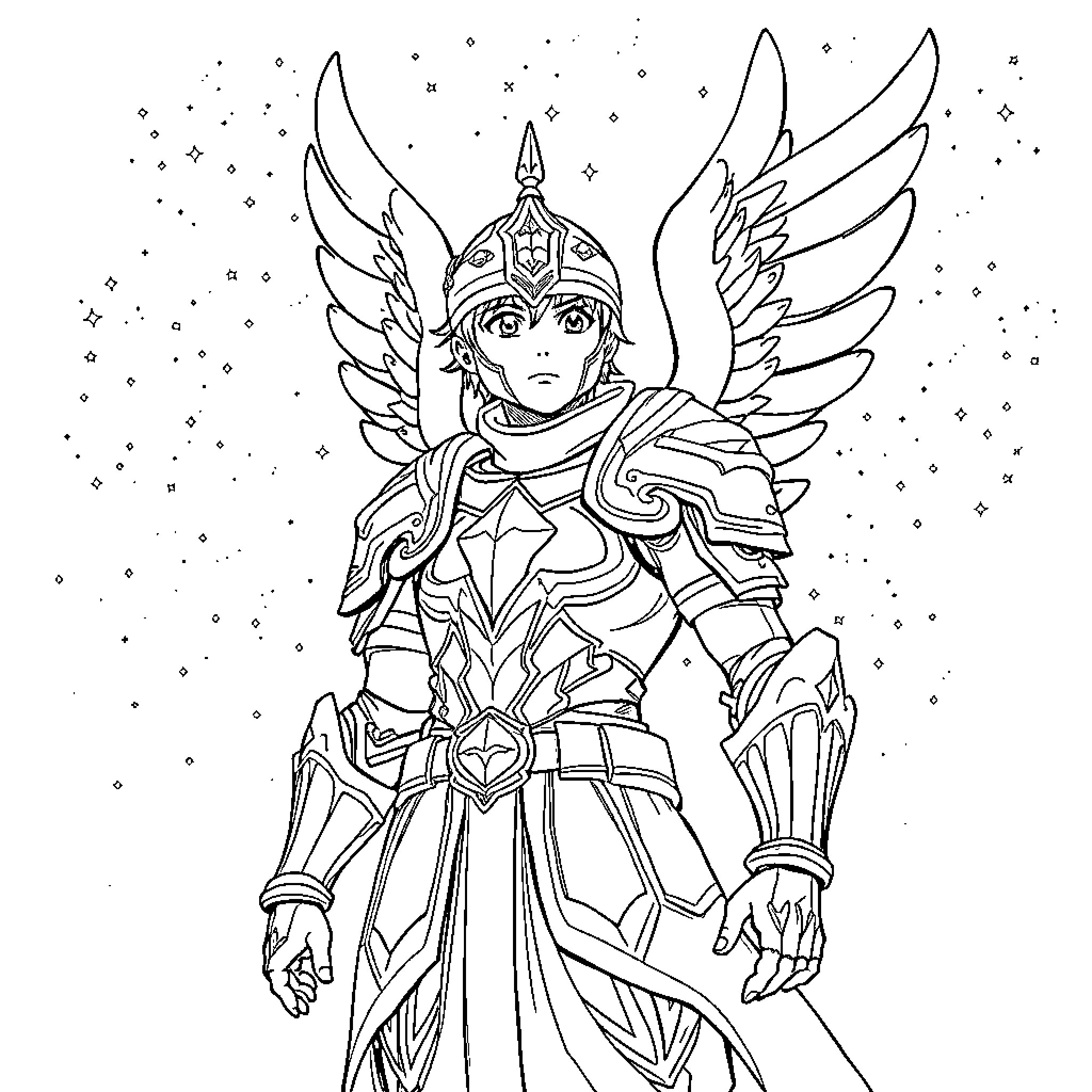 Pegasus warrior in the starry night sky Coloring Page (free black-and-white line drawing printable PDF for all, from beginners to advanced learners, including children, teens, adults, and seniors)
