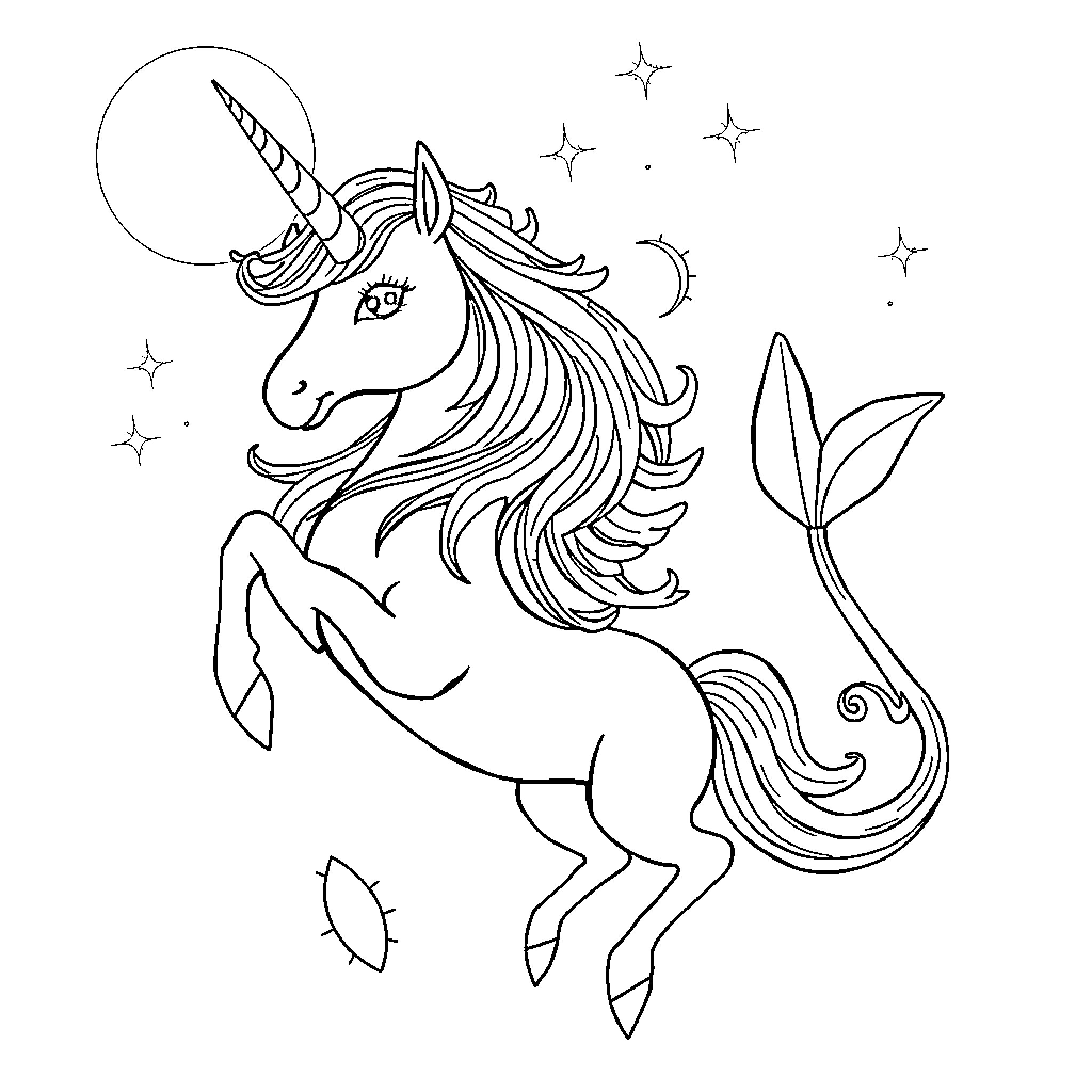 Unicorn dancing among the stars Coloring Page (free black-and-white line drawing printable PDF for all, from beginners to advanced learners, including children, teens, adults, and seniors)