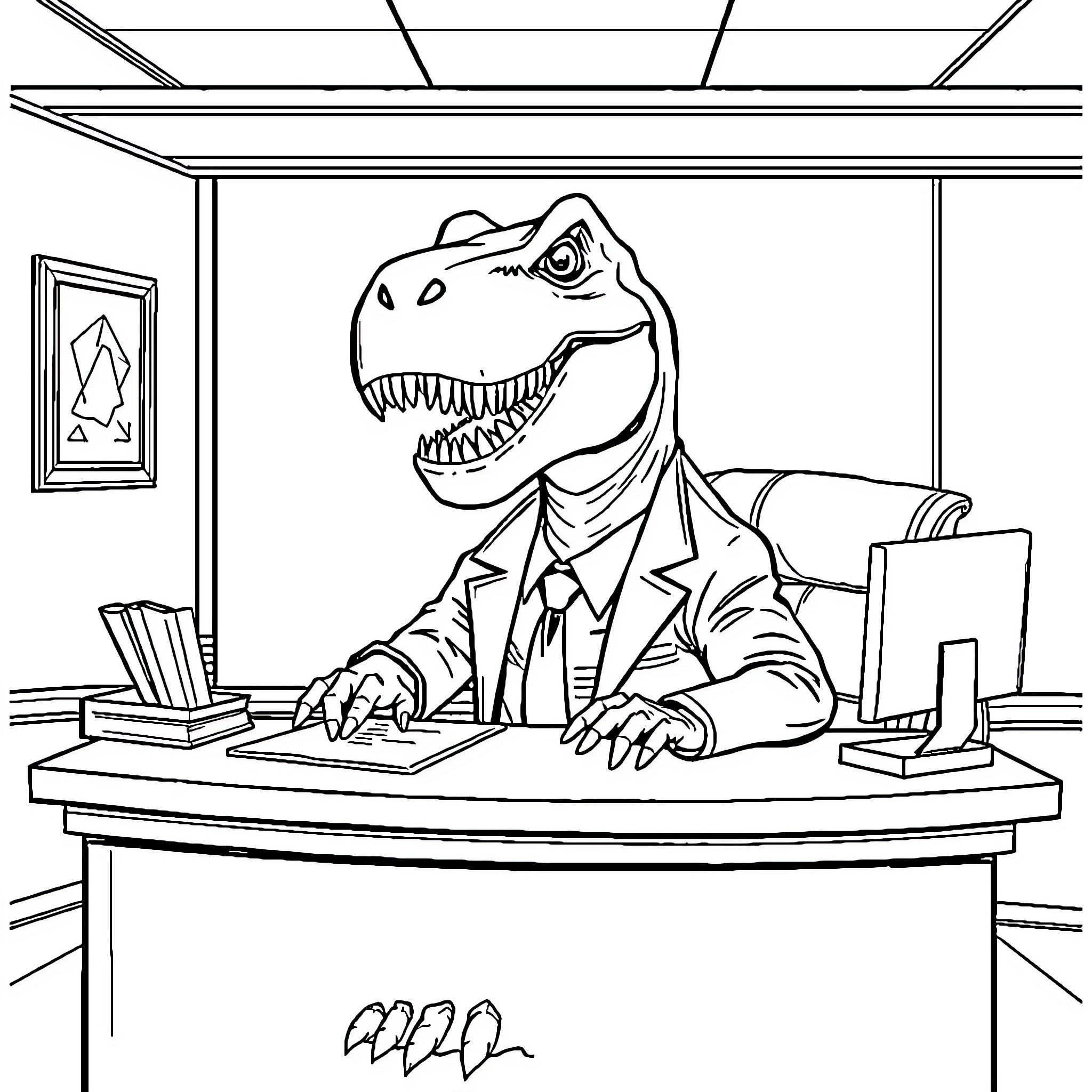 T-Rex Businessman Typing at Desk in Office Coloring Page (free black-and-white line drawing printable PDF for all, from beginners to advanced learners, including children, teens, adults, and seniors)
