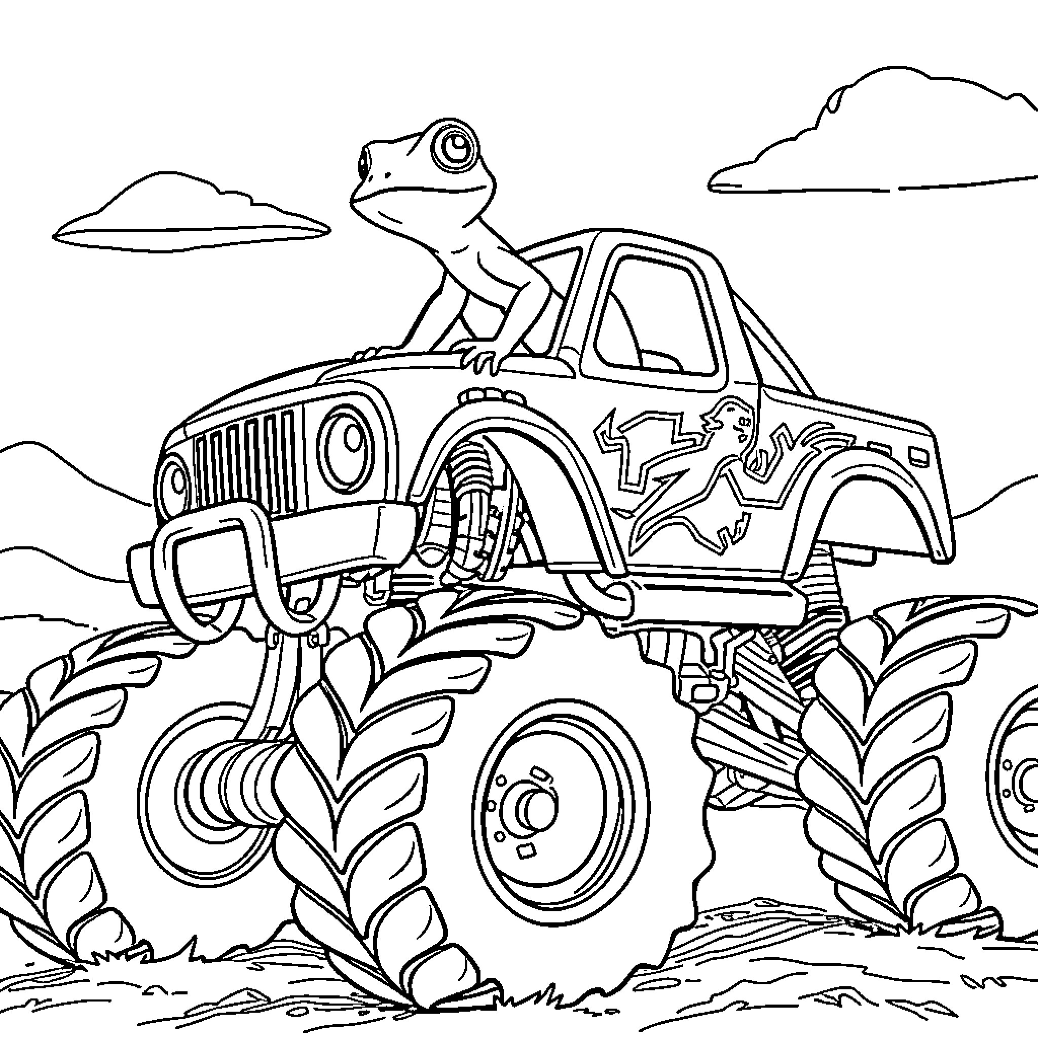 Gecko Riding a Monster Truck Over Rough Terrain Coloring Page (free black-and-white line drawing printable PDF for all, from beginners to advanced learners, including children, teens, adults, and seniors)