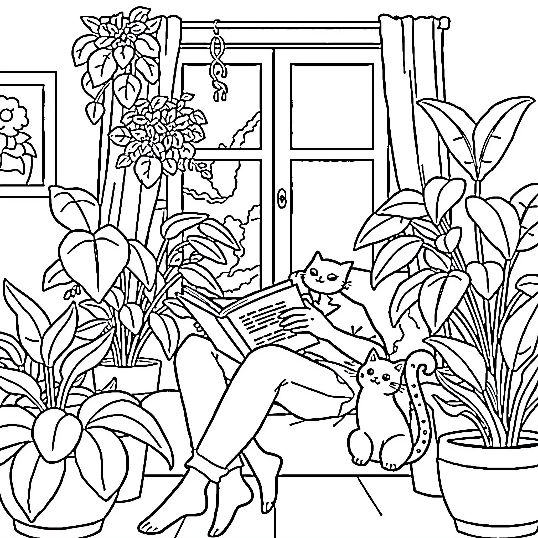 Woman reading book surrounded by plants and cats Coloring Page (free black-and-white line drawing printable PDF for all, from beginners to advanced learners, including children, teens, adults, and seniors)