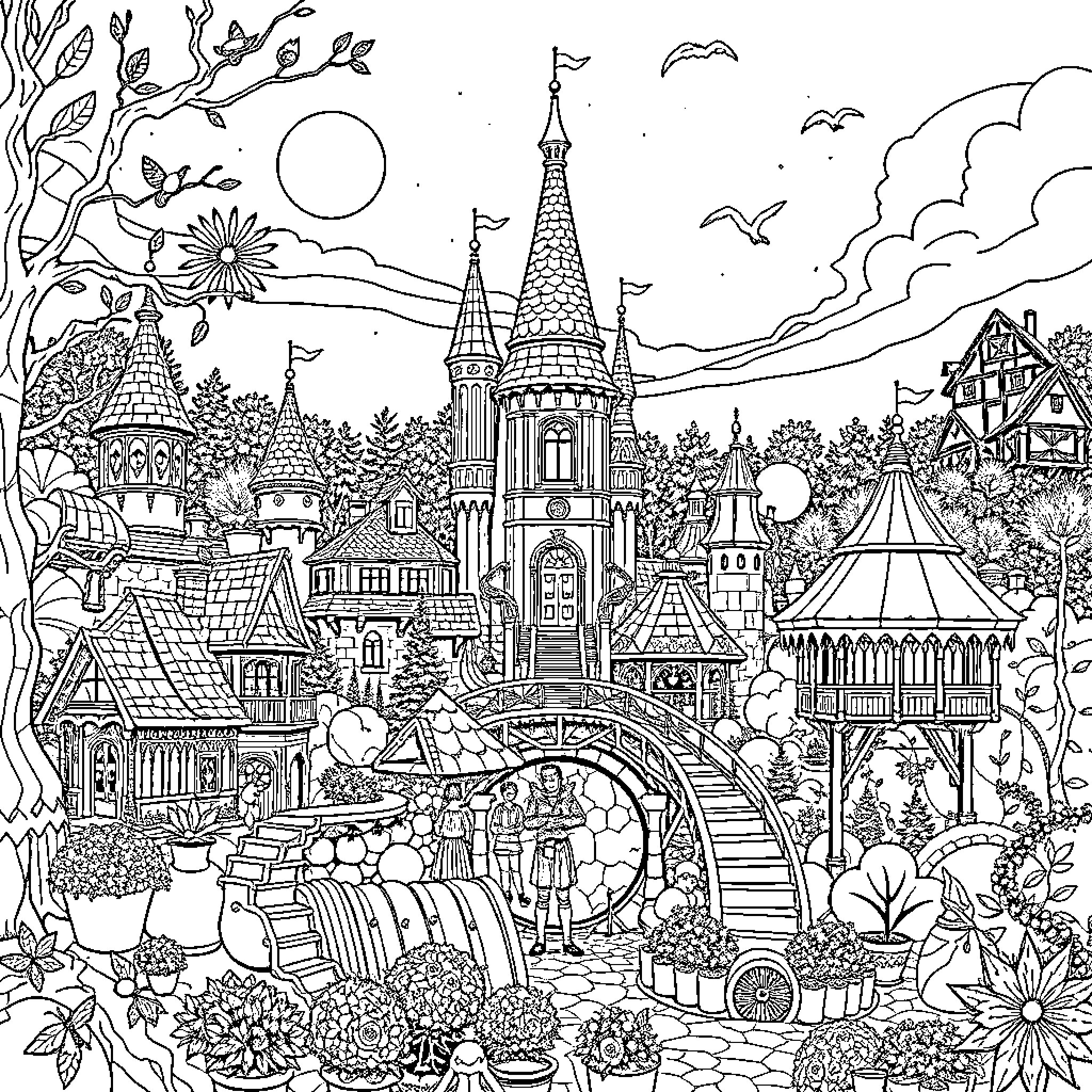 Efteling: Fantastical Castle and Whimsical Landscape Coloring Page (free black-and-white line drawing printable PDF for all, from beginners to advanced learners, including children, teens, adults, and seniors)