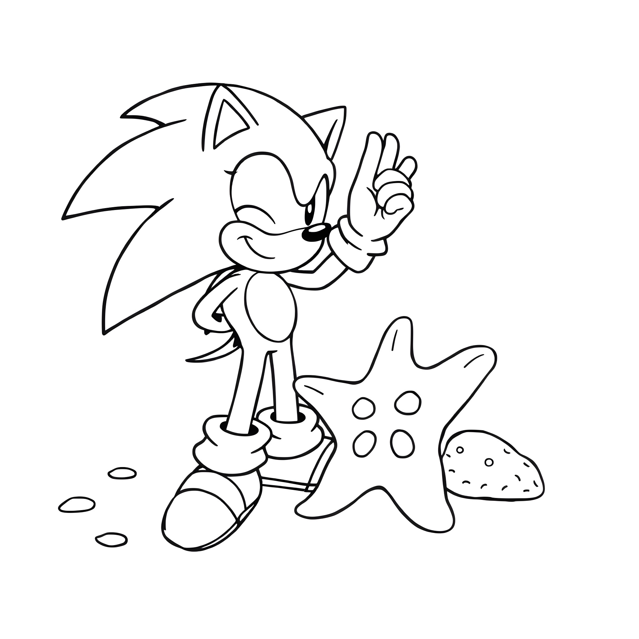 Sonic exploring the beach with a starfish Coloring Page (free black-and-white line drawing printable PDF for all, from beginners to advanced learners, including children, teens, adults, and seniors)
