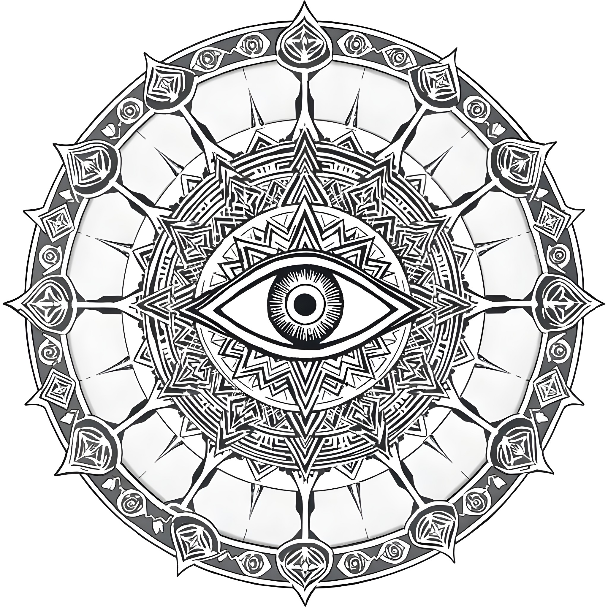 Eye of the Mystic Mandala Coloring Page (free black-and-white line drawing printable PDF for all, from beginners to advanced learners, including children, teens, adults, and seniors)