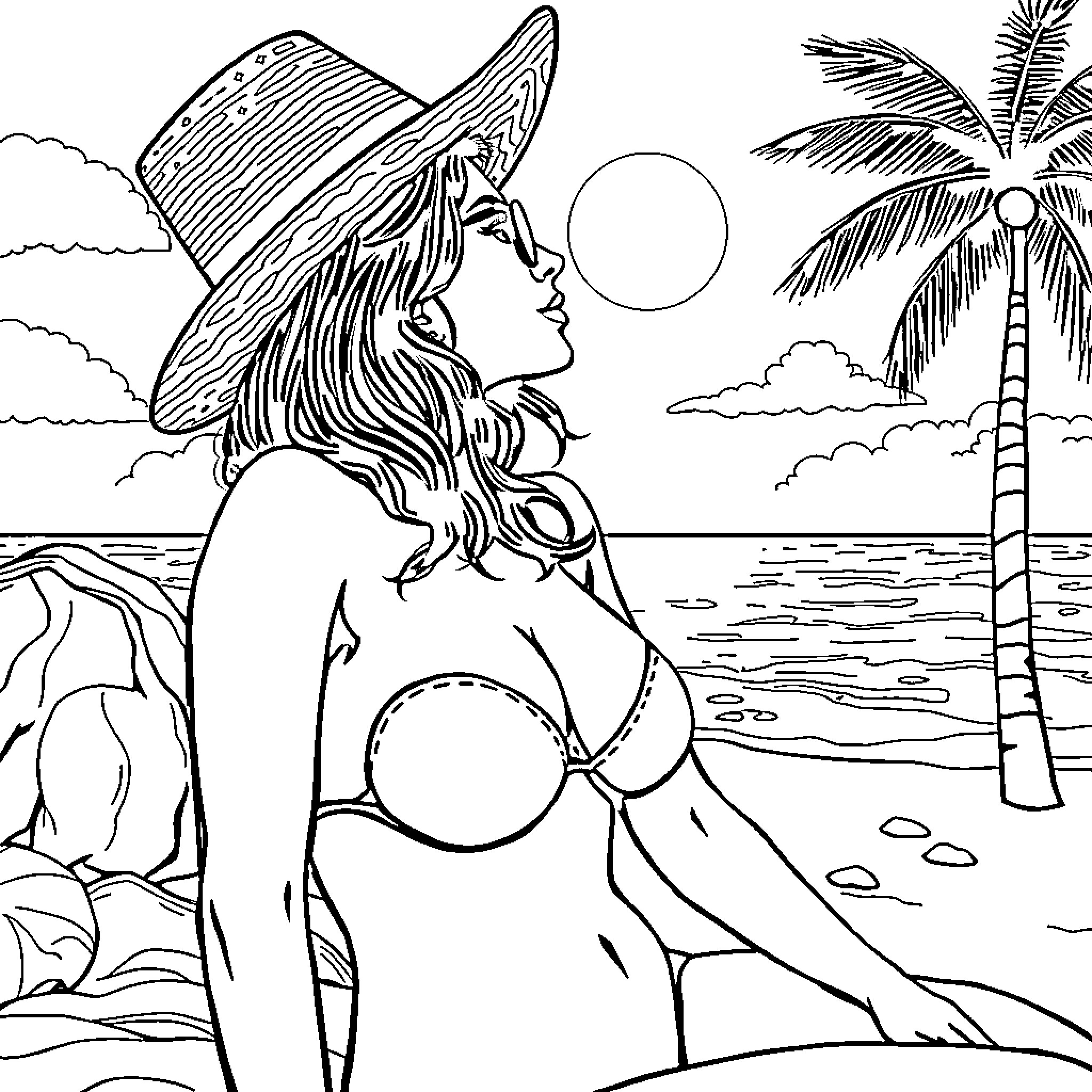 Latina Relaxing on the Beach Coloring Page (free black-and-white line drawing printable PDF for all, from beginners to advanced learners, including children, teens, adults, and seniors)