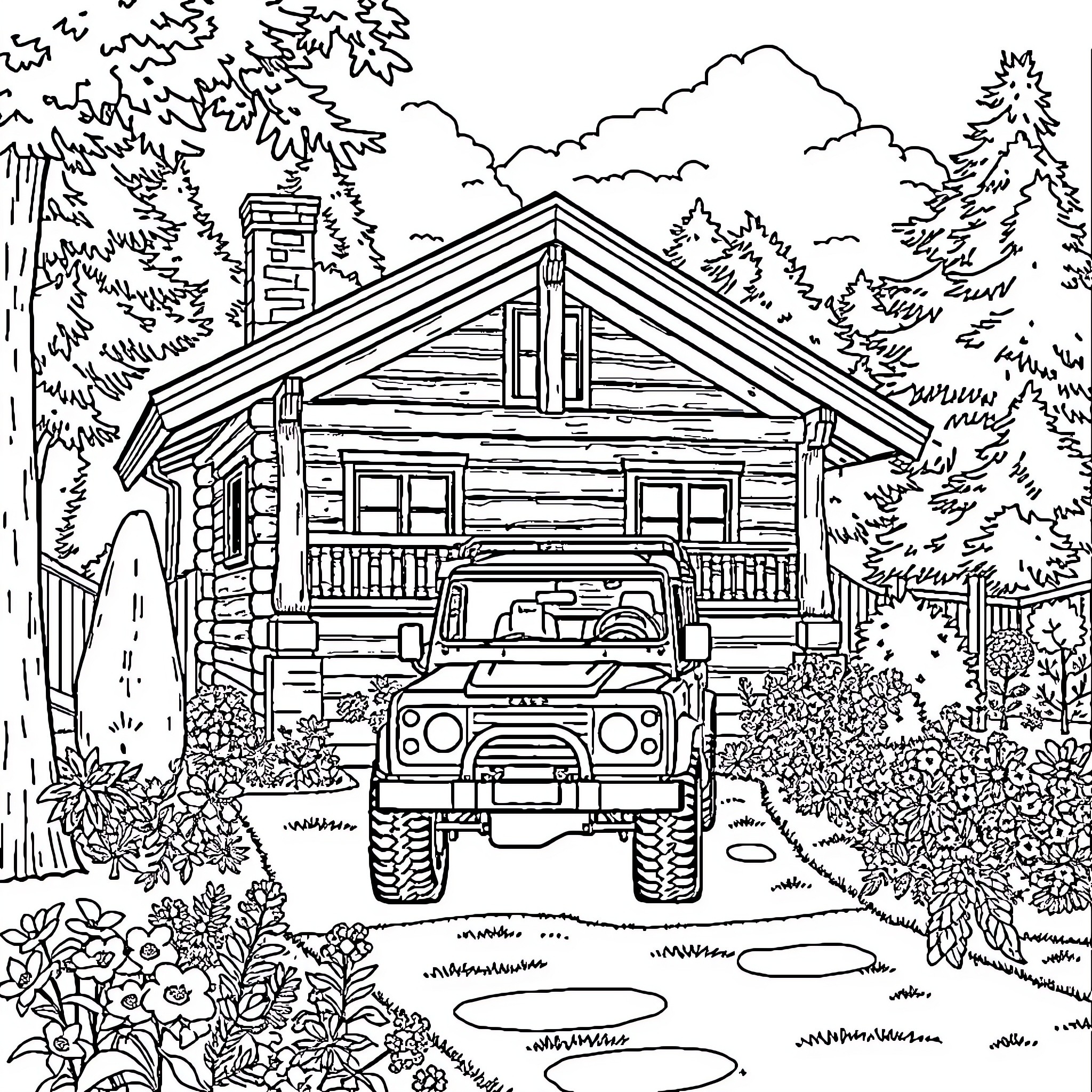 Chalet with Rustic Charm and Outdoor Adventure Coloring Page (free black-and-white line drawing printable PDF for all, from beginners to advanced learners, including children, teens, adults, and seniors)