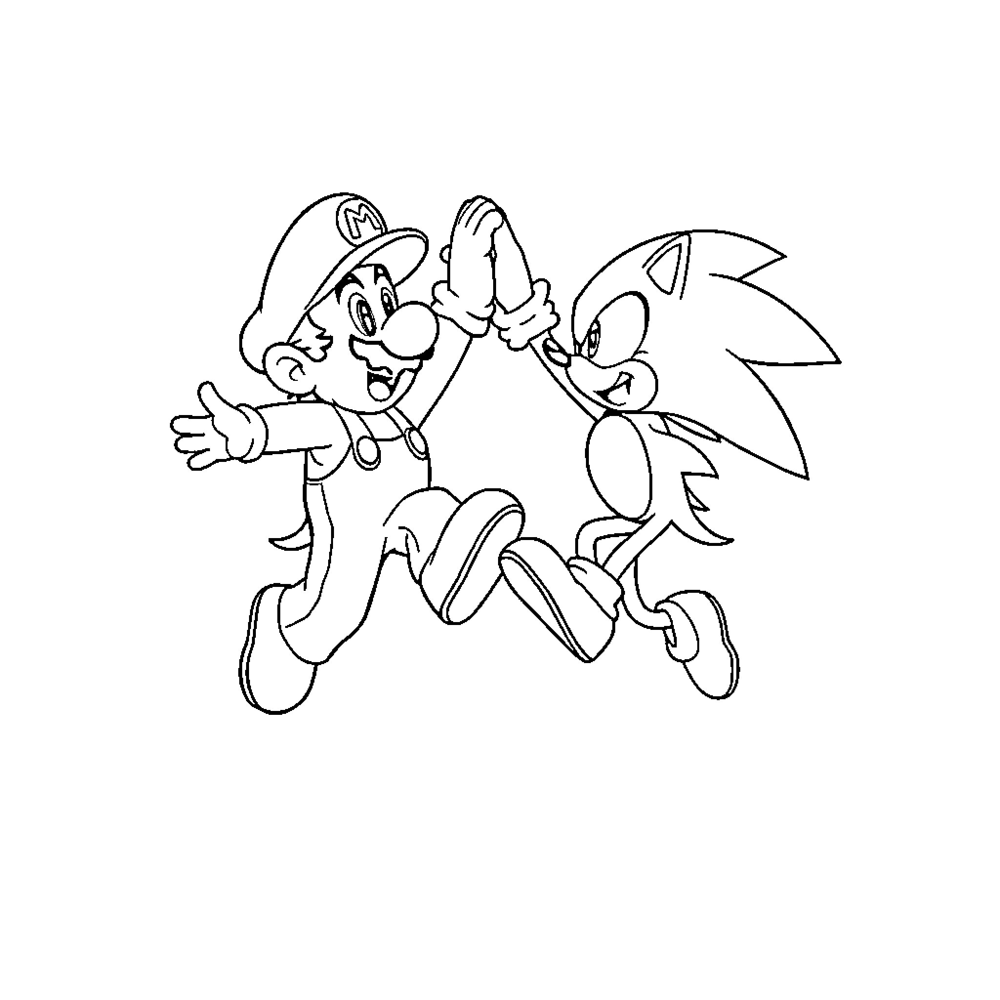 Mario and Sonic: Friendly Competition Coloring Page (free black-and-white line drawing printable PDF for all, from beginners to advanced learners, including children, teens, adults, and seniors)