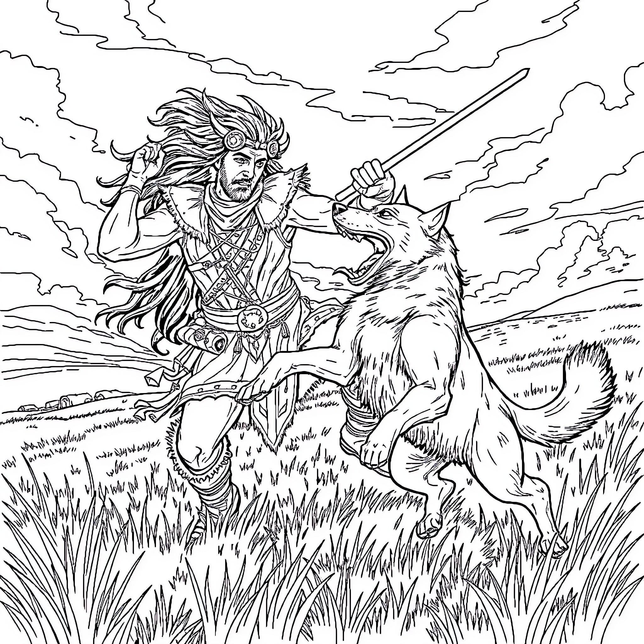 Setanta's Courageous Battle with a Fearsome Wolf Coloring Page (free black-and-white line drawing printable PDF for all, from beginners to advanced learners, including children, teens, adults, and seniors)