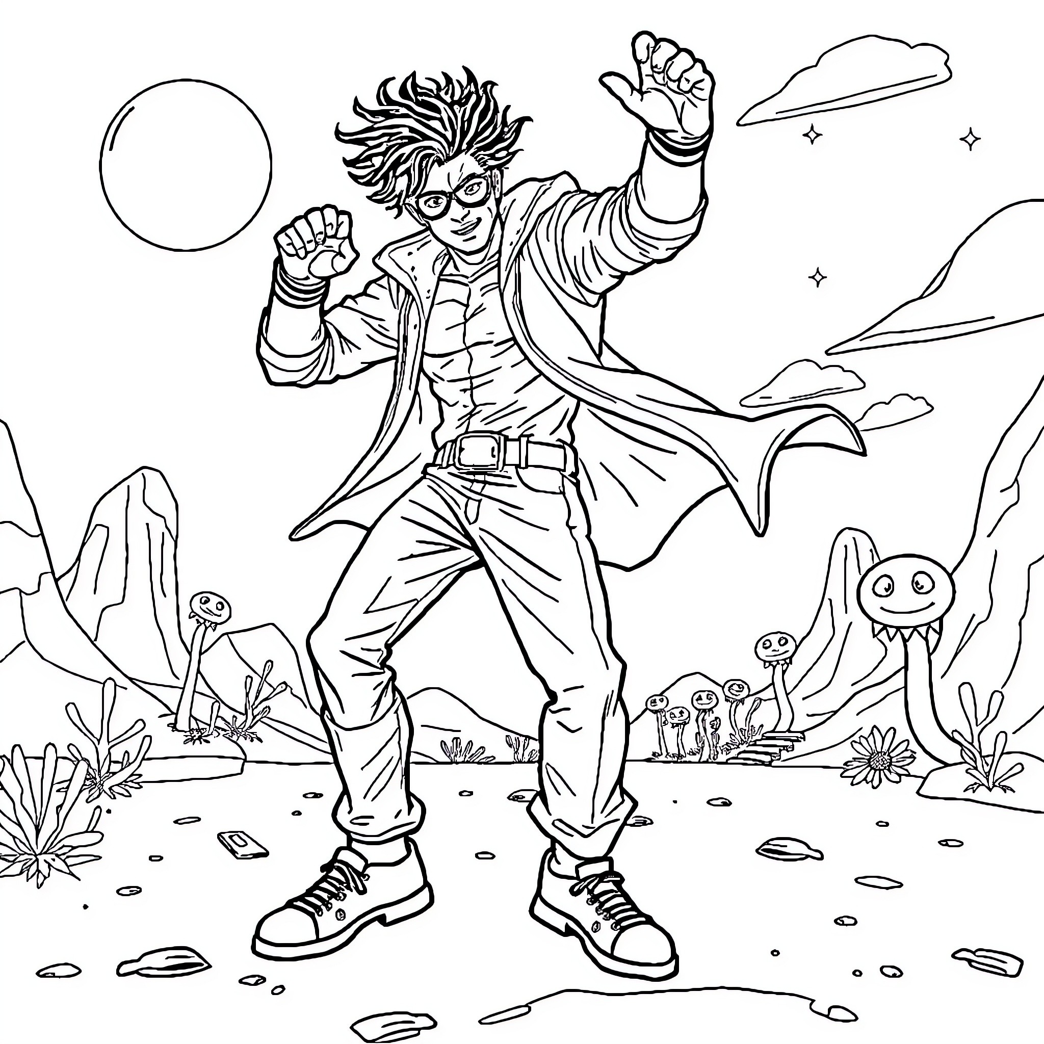 Superhero in action pose amid fantasy landscape Coloring Page (free black-and-white line drawing printable PDF for all, from beginners to advanced learners, including children, teens, adults, and seniors)