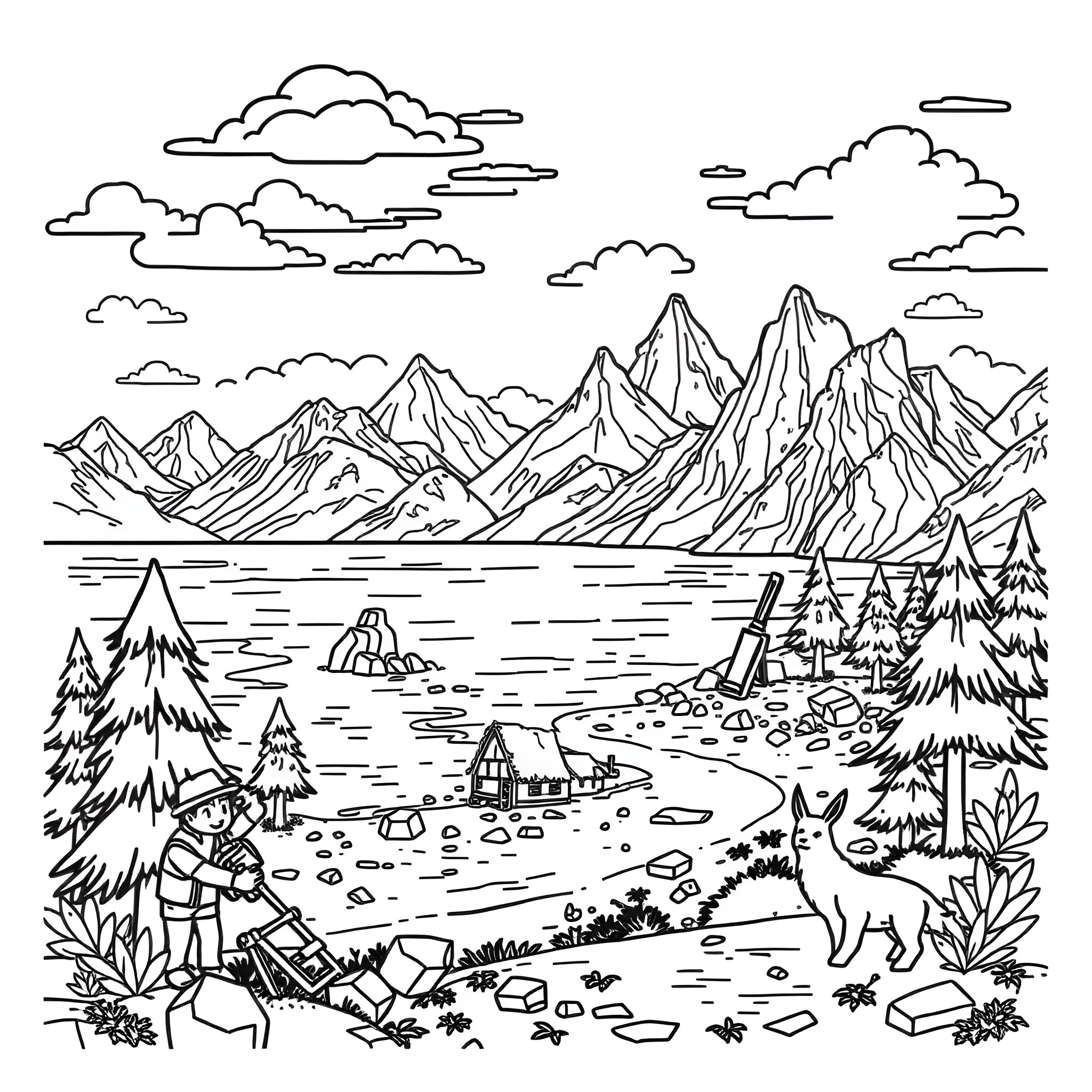 Minecraft adventurer exploring scenic mountain landscape Coloring Page (free black-and-white line drawing printable PDF for all, from beginners to advanced learners, including children, teens, adults, and seniors)