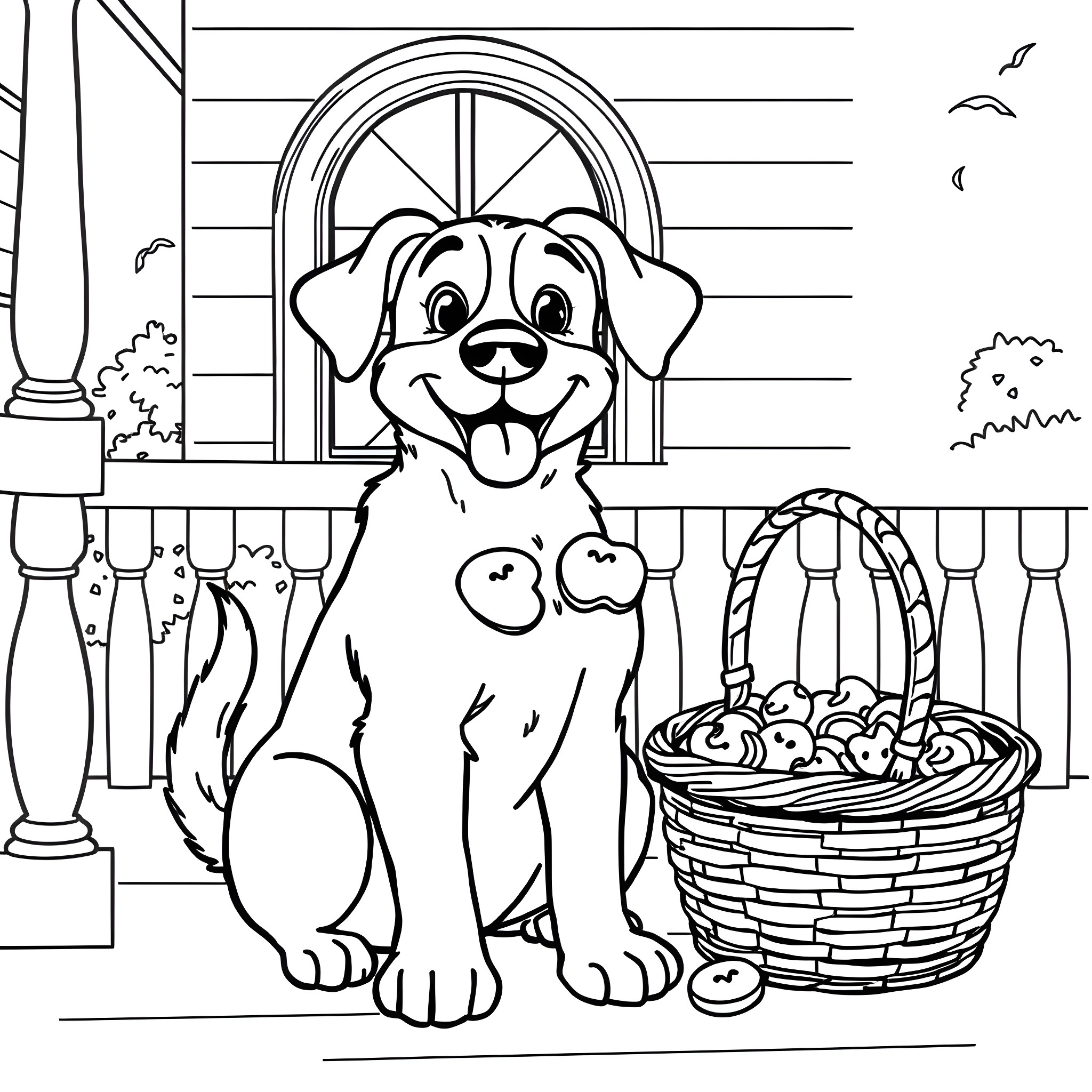 Bingo the Friendly Dog on the Porch Coloring Page (free black-and-white line drawing printable PDF for all, from beginners to advanced learners, including children, teens, adults, and seniors)