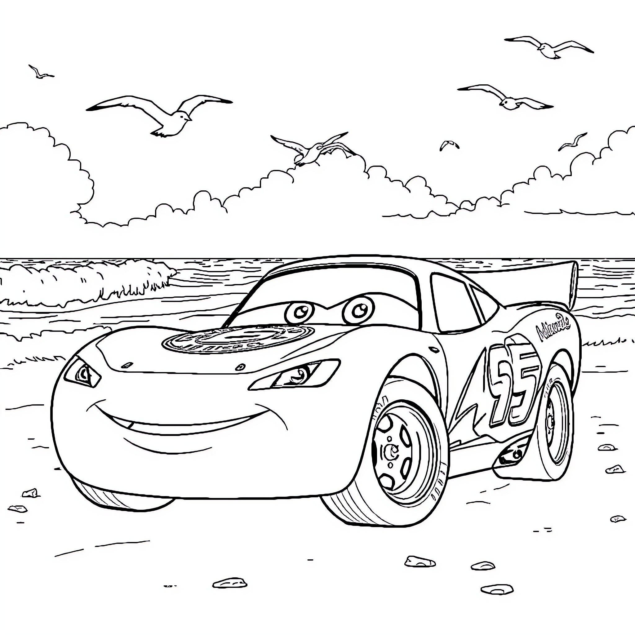 Lightning McQueen racing on the beach Coloring Page (free black-and-white line drawing printable PDF for all, from beginners to advanced learners, including children, teens, adults, and seniors)