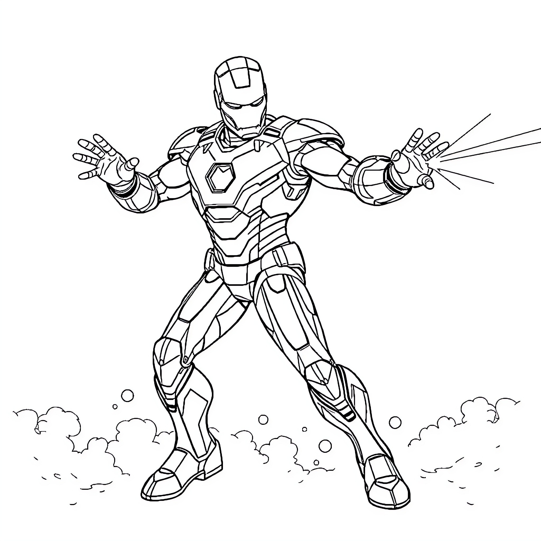 Ironman in Heroic Pose with Powerful Weapons Coloring Page (free black-and-white line drawing printable PDF for all, from beginners to advanced learners, including children, teens, adults, and seniors)