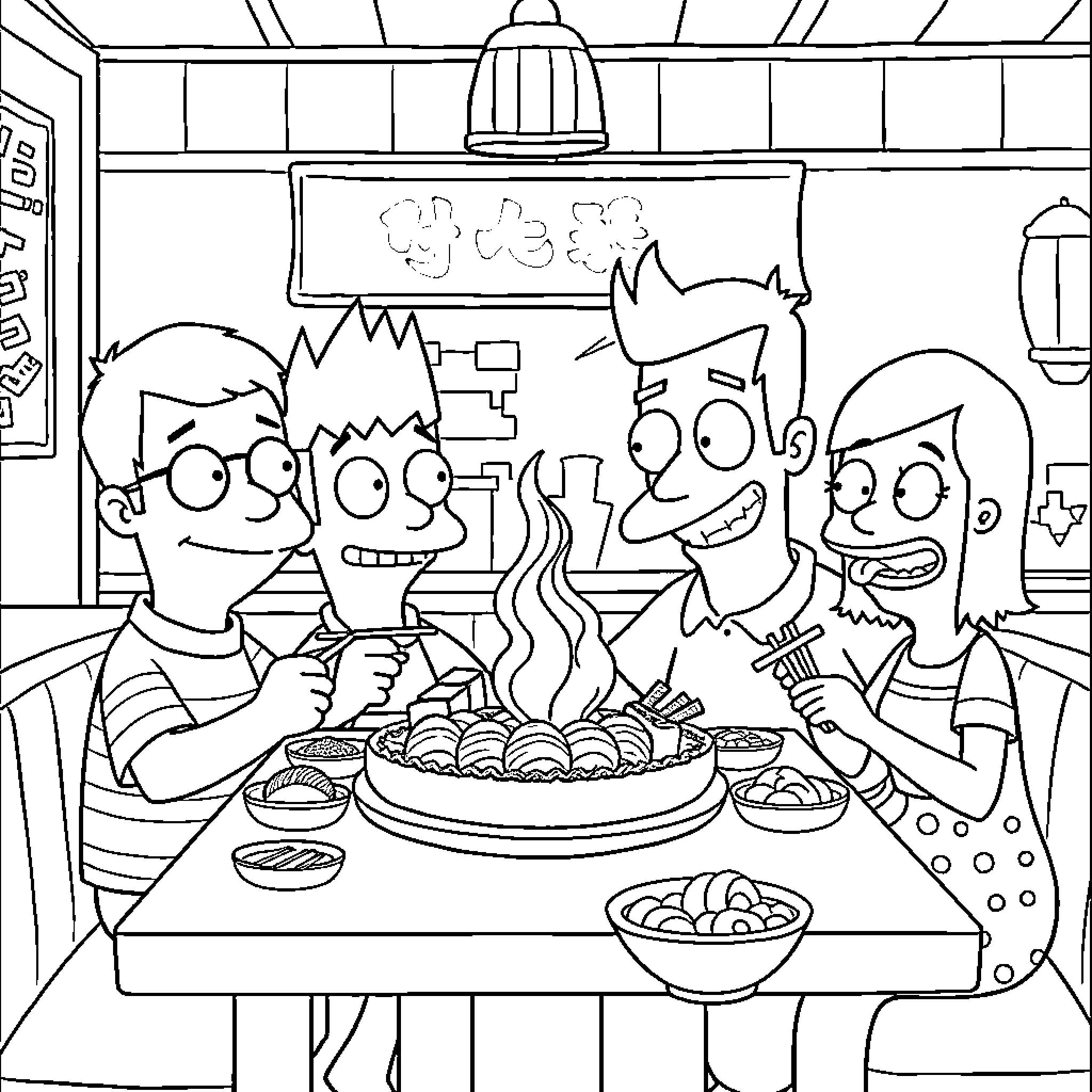Bob's Burgers: Family Dinner at the Diner Coloring Page (free black-and-white line drawing printable PDF for all, from beginners to advanced learners, including children, teens, adults, and seniors)