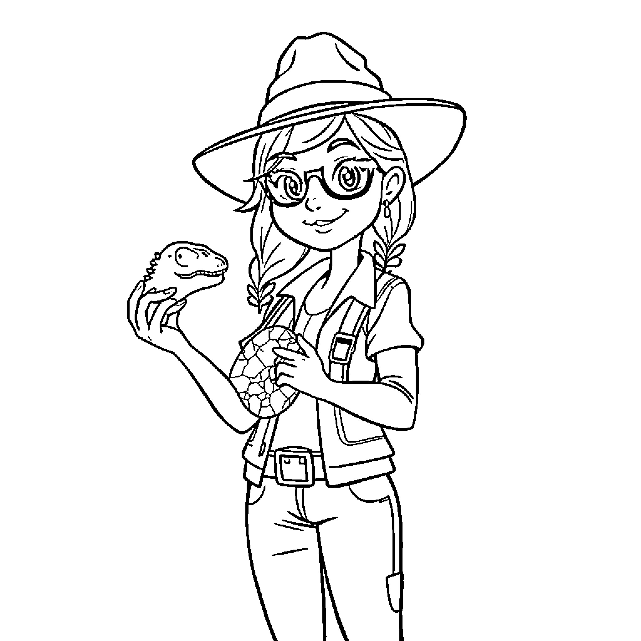 Paleontologist examining fossil with enthusiasm Coloring Page (free black-and-white line drawing printable PDF for all, from beginners to advanced learners, including children, teens, adults, and seniors)