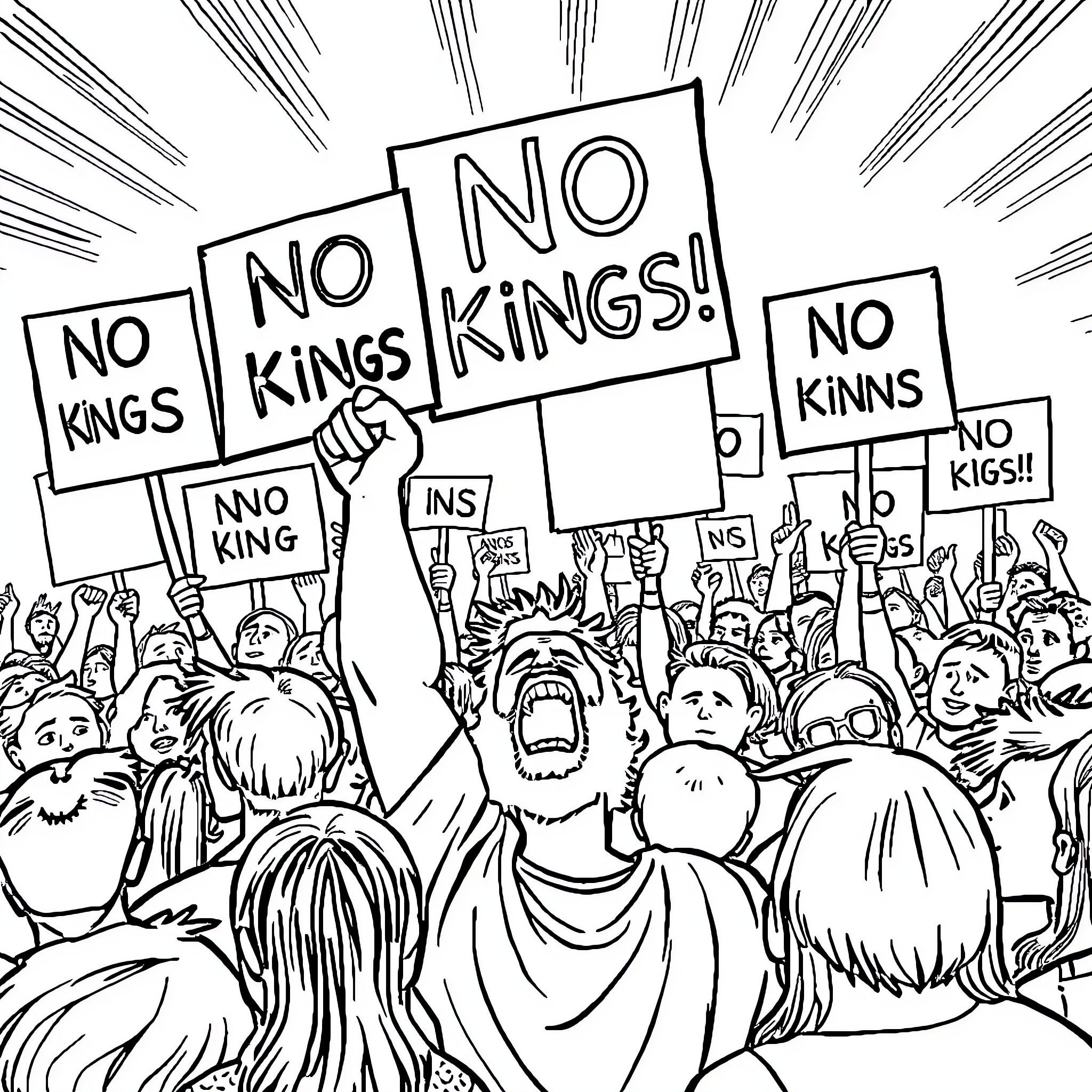 King No Kings - People protest against monarchy Coloring Page (free black-and-white line drawing printable PDF for all, from beginners to advanced learners, including children, teens, adults, and seniors)