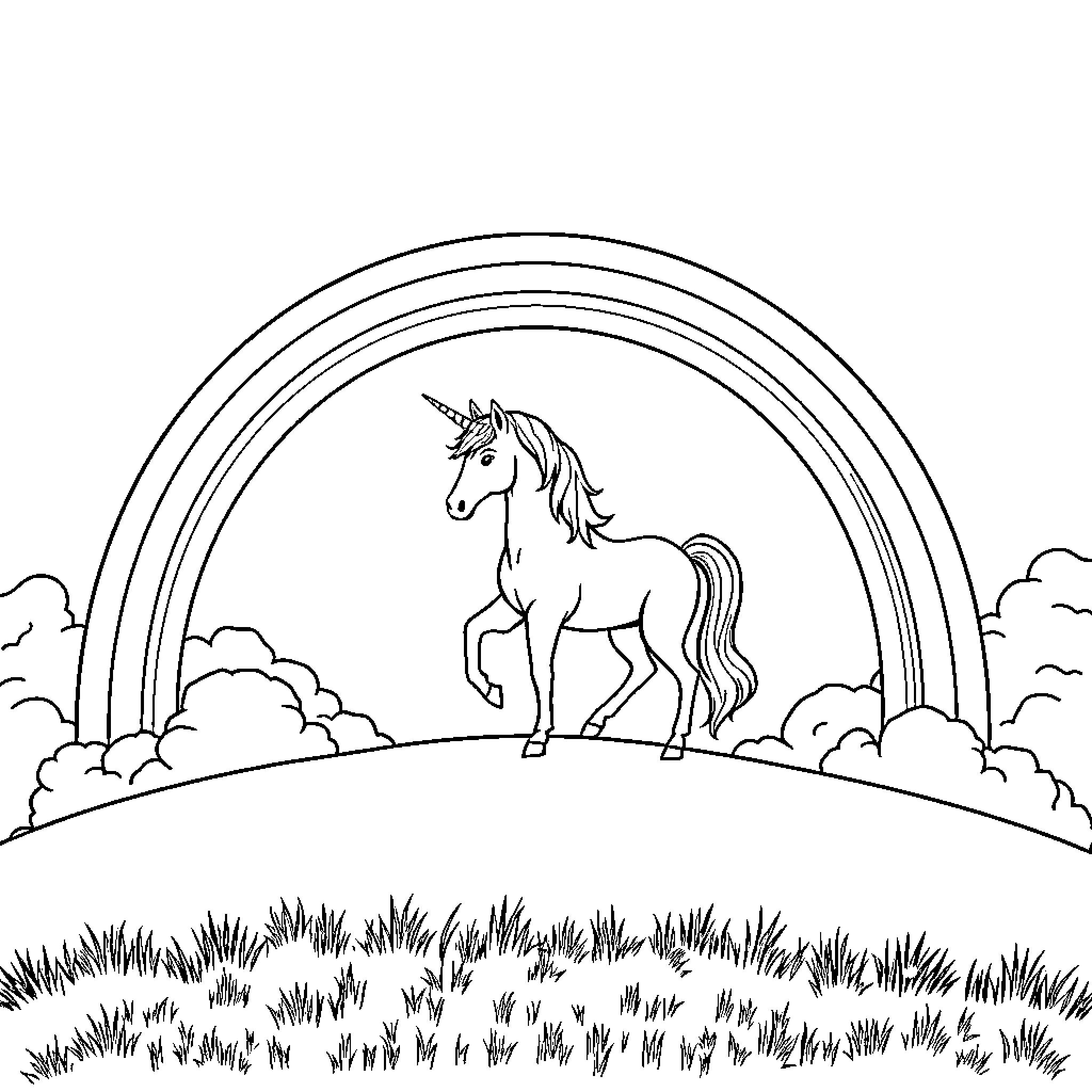 Unicorn standing majestically under a rainbow Coloring Page (free black-and-white line drawing printable PDF for all, from beginners to advanced learners, including children, teens, adults, and seniors)