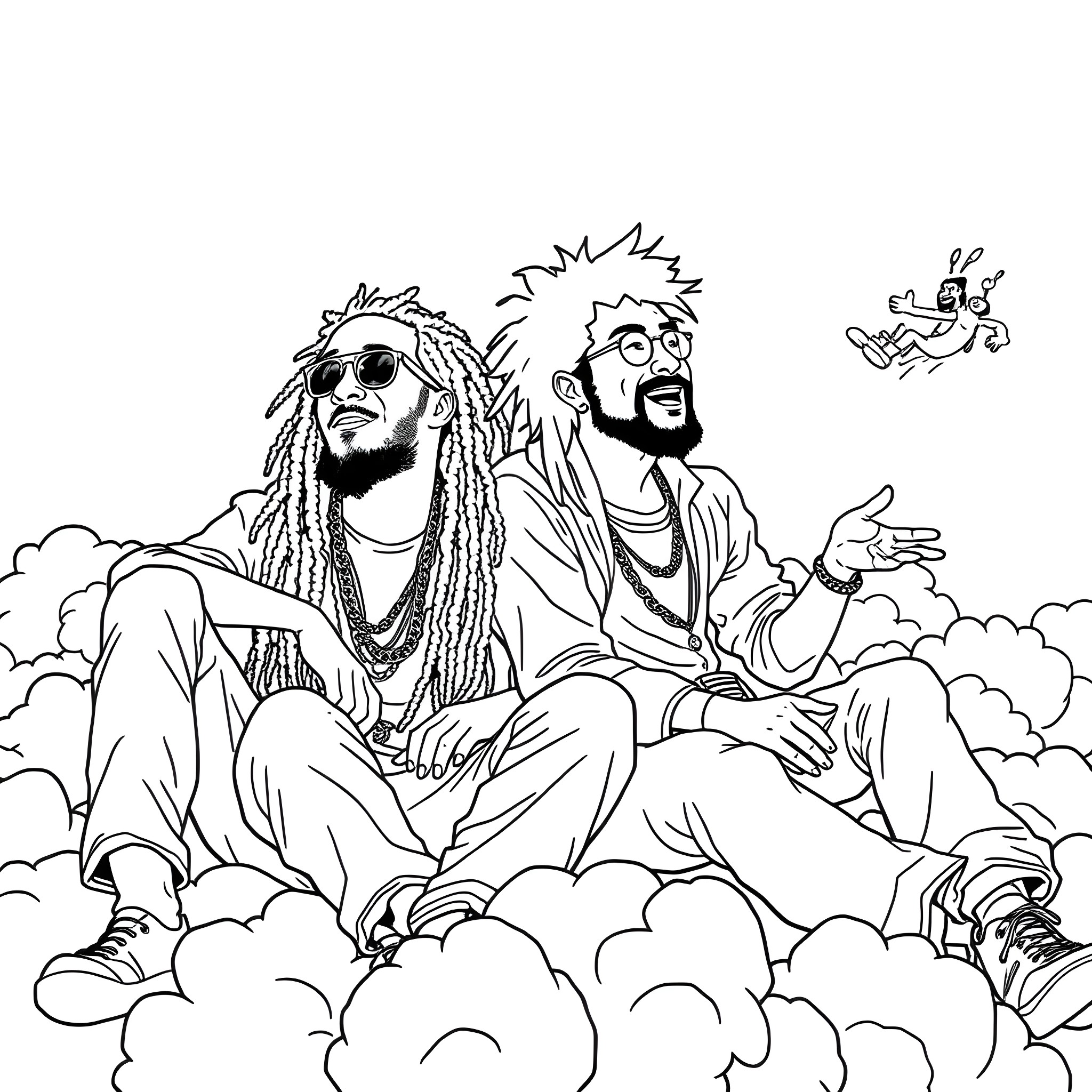 Wiz Khalifa and friend engaging in lively discussion amid clouds Coloring Page (free black-and-white line drawing printable PDF for all, from beginners to advanced learners, including children, teens, adults, and seniors)