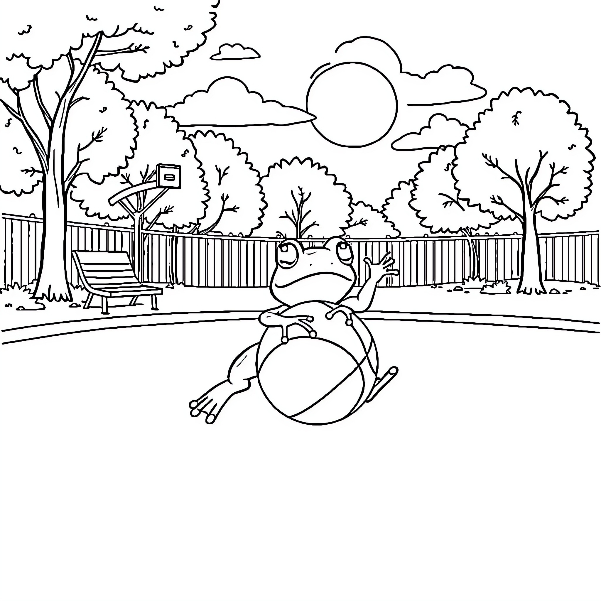 Frog playing with beach ball in park Coloring Page (free black-and-white line drawing printable PDF for all, from beginners to advanced learners, including children, teens, adults, and seniors)