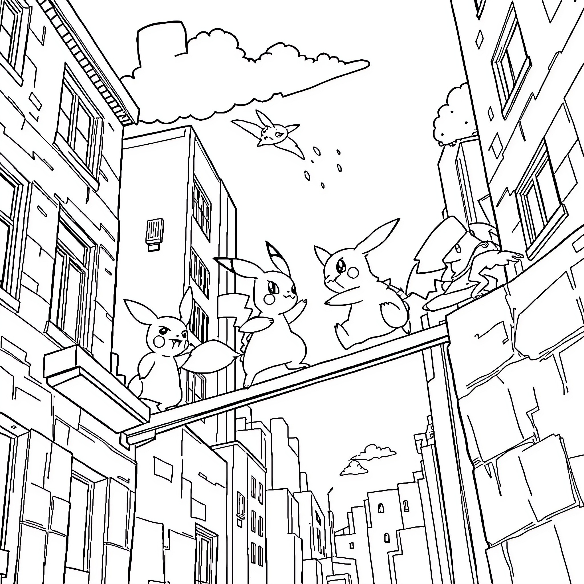 Pokémon characters exploring the city streets Coloring Page (free black-and-white line drawing printable PDF for all, from beginners to advanced learners, including children, teens, adults, and seniors)