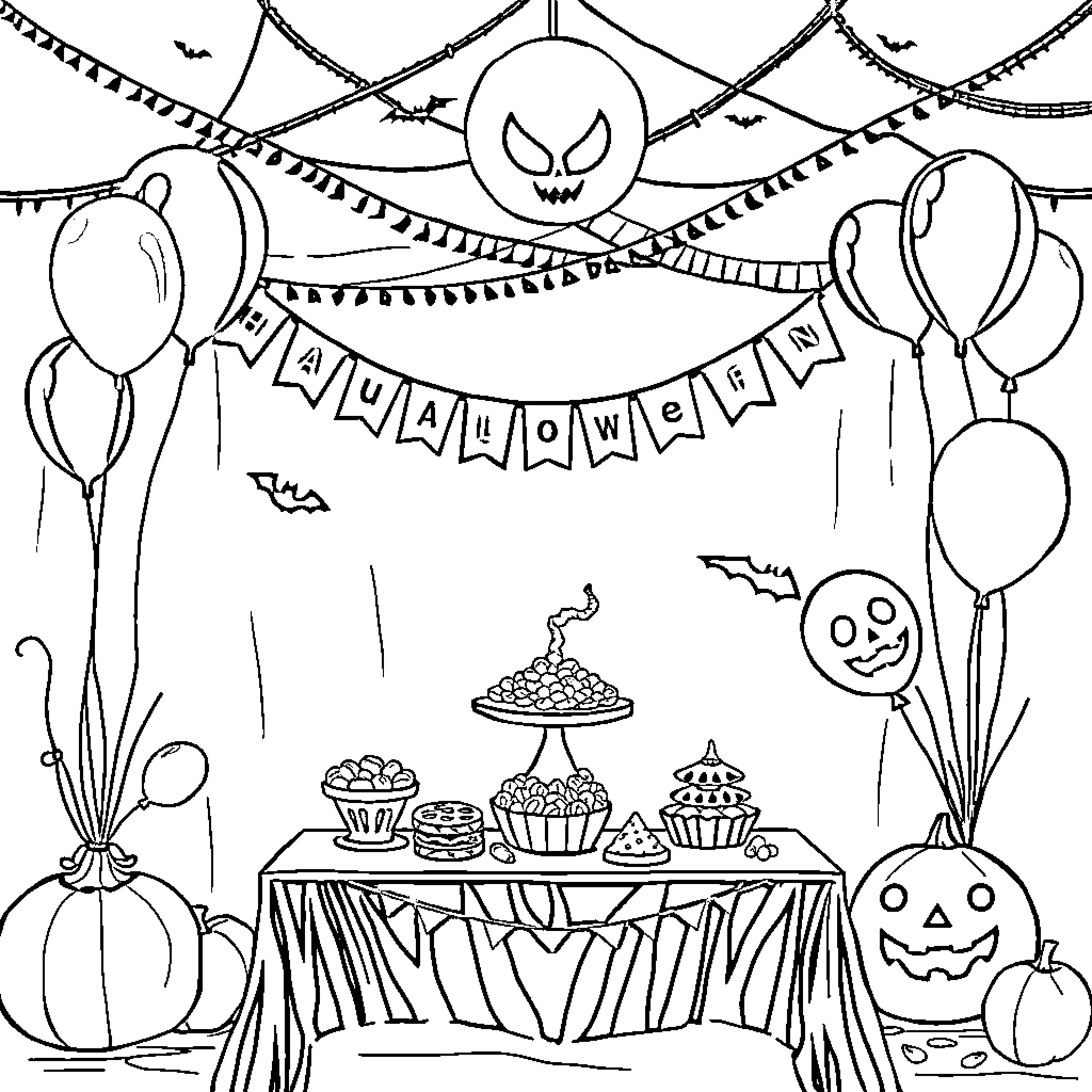 Halloween party with spooky decorations and treats Coloring Page (free black-and-white line drawing printable PDF for all, from beginners to advanced learners, including children, teens, adults, and seniors)