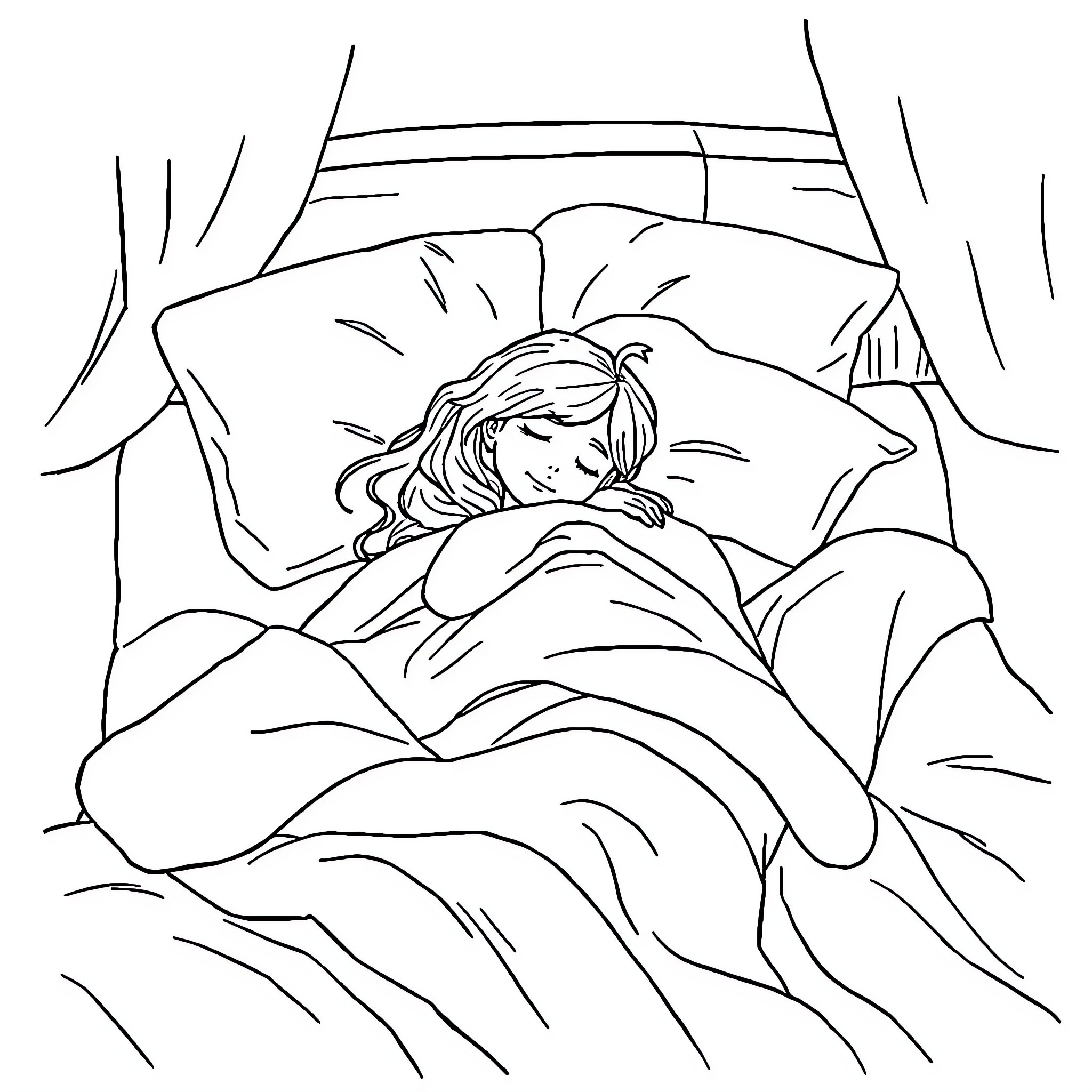 Girl peacefully sleeping in bed Coloring Page (free black-and-white line drawing printable PDF for all, from beginners to advanced learners, including children, teens, adults, and seniors)