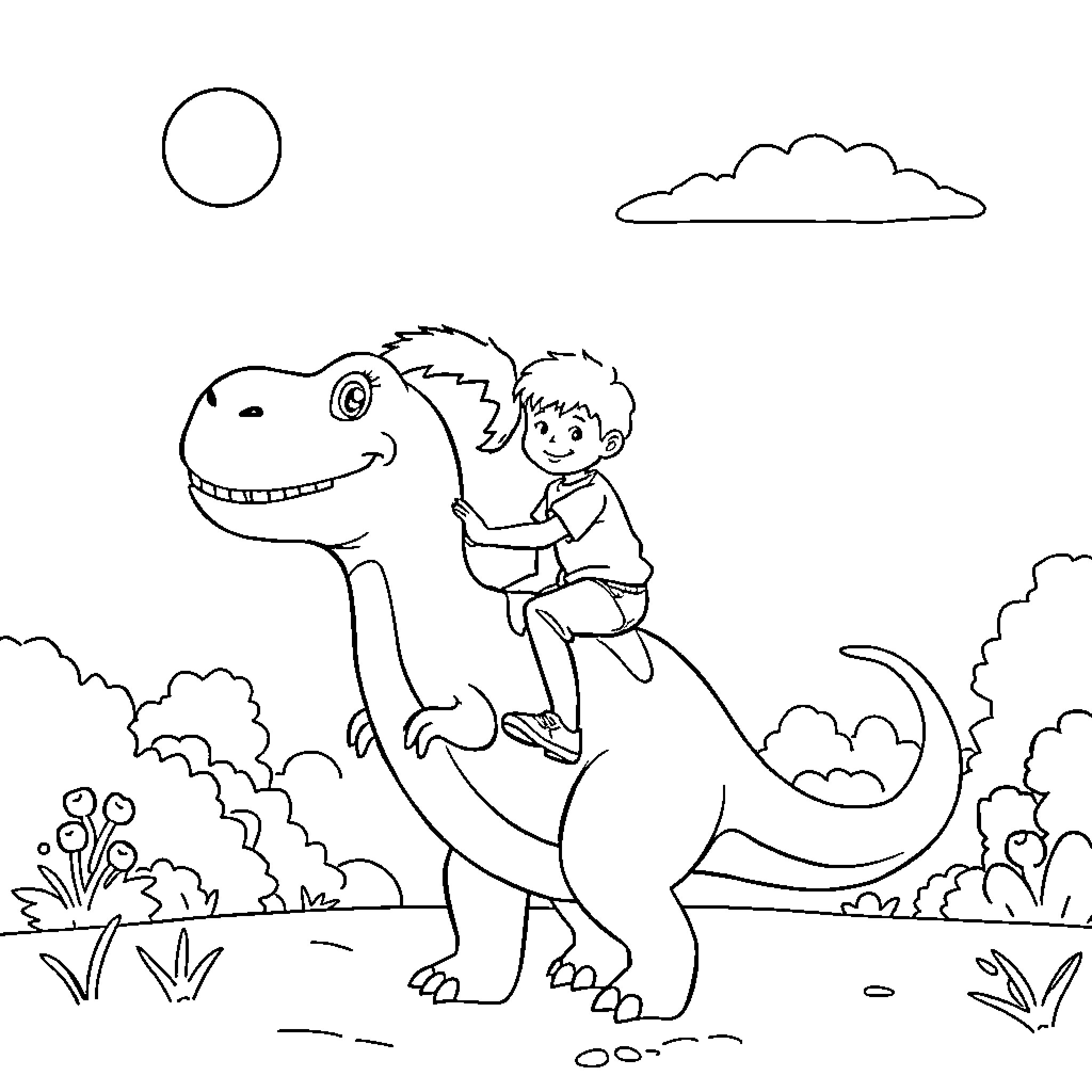 Dino and child playing joyfully outdoors Coloring Page (free black-and-white line drawing printable PDF for all, from beginners to advanced learners, including children, teens, adults, and seniors)