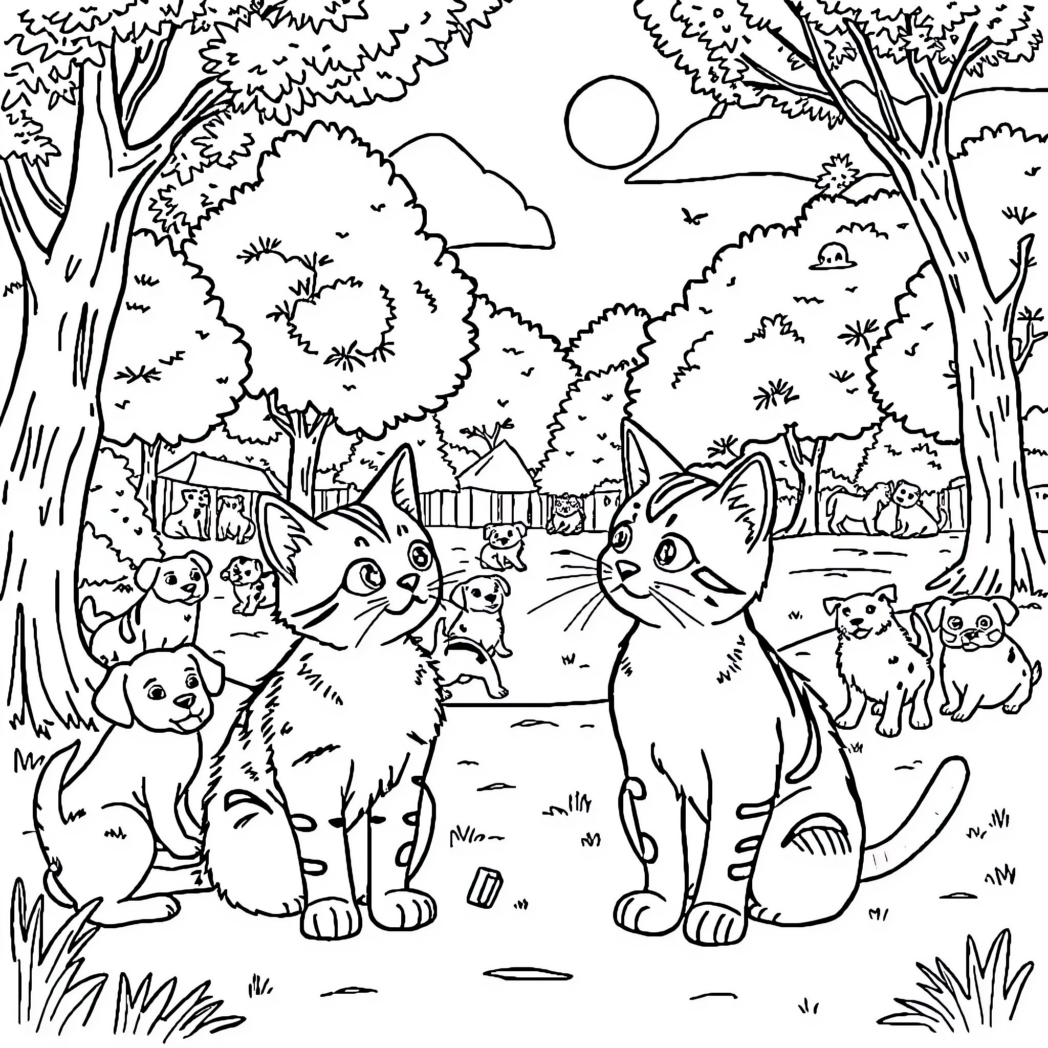 Cat Gathering in the Enchanting Forest Coloring Page (free black-and-white line drawing printable PDF for all, from beginners to advanced learners, including children, teens, adults, and seniors)