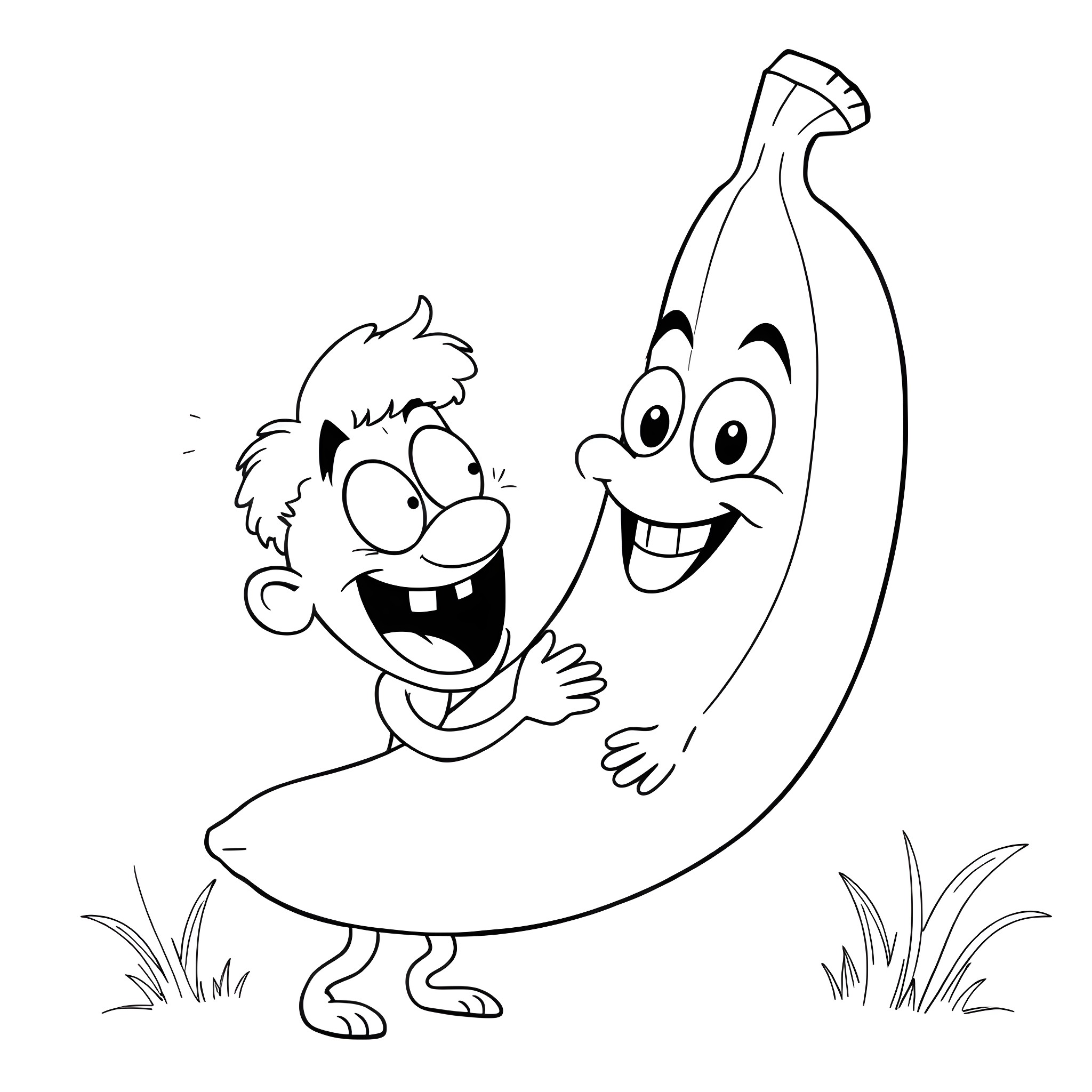 Banana hugging happy child in cartoon field Coloring Page (free black-and-white line drawing printable PDF for all, from beginners to advanced learners, including children, teens, adults, and seniors)