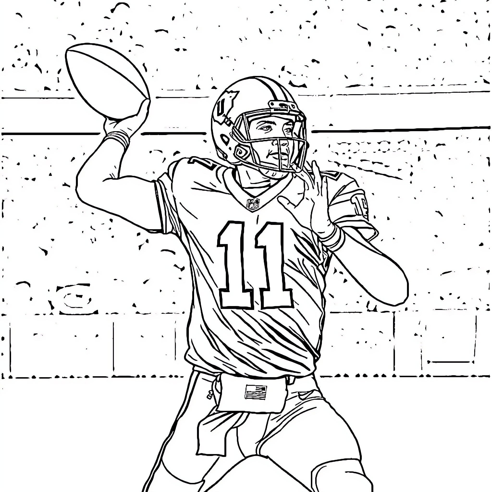 Josh Allen Throwing Football in Stadium Coloring Page (free black-and-white line drawing printable PDF for all, from beginners to advanced learners, including children, teens, adults, and seniors)