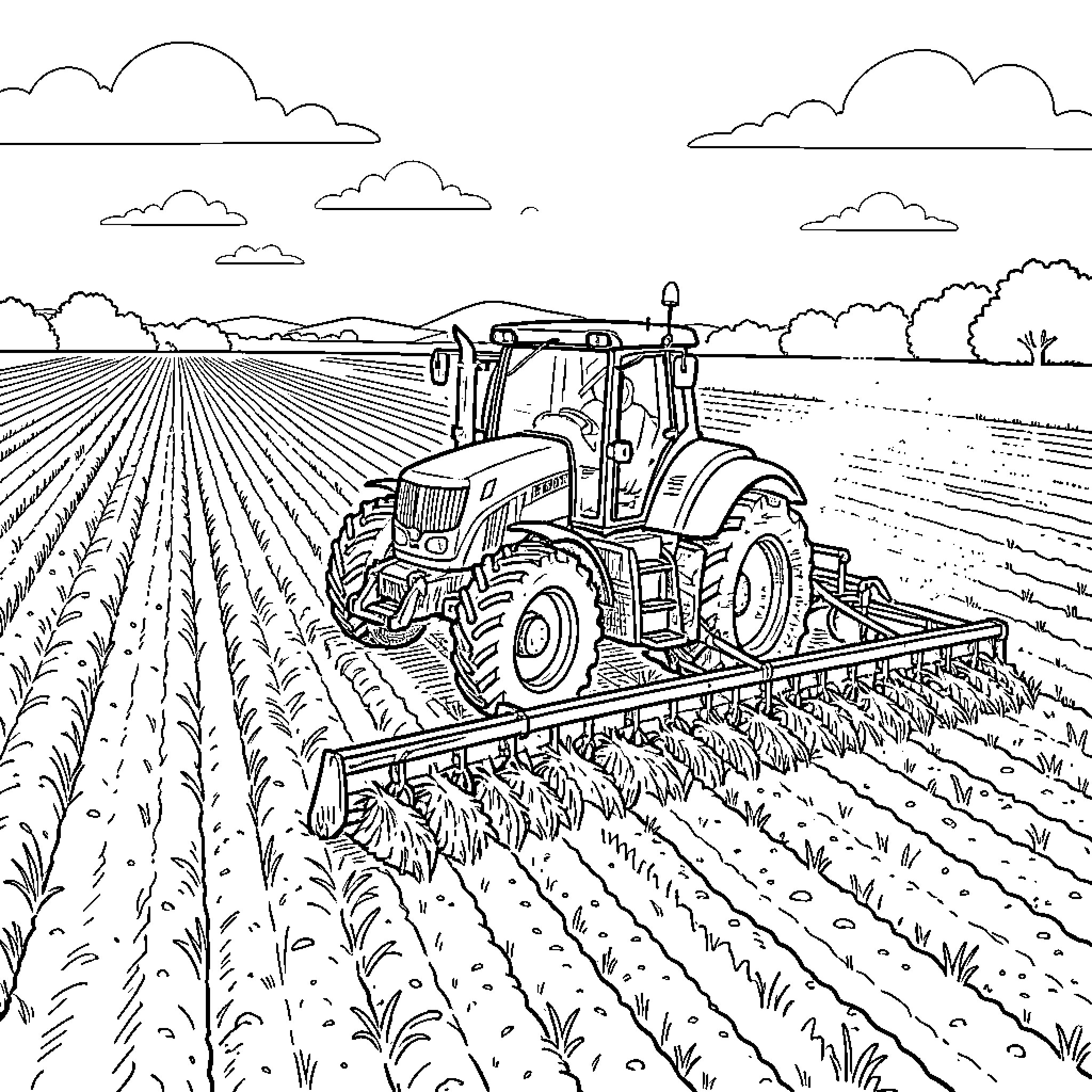 Tracteur working in a large field during harvest Coloring Page (free black-and-white line drawing printable PDF for all, from beginners to advanced learners, including children, teens, adults, and seniors)