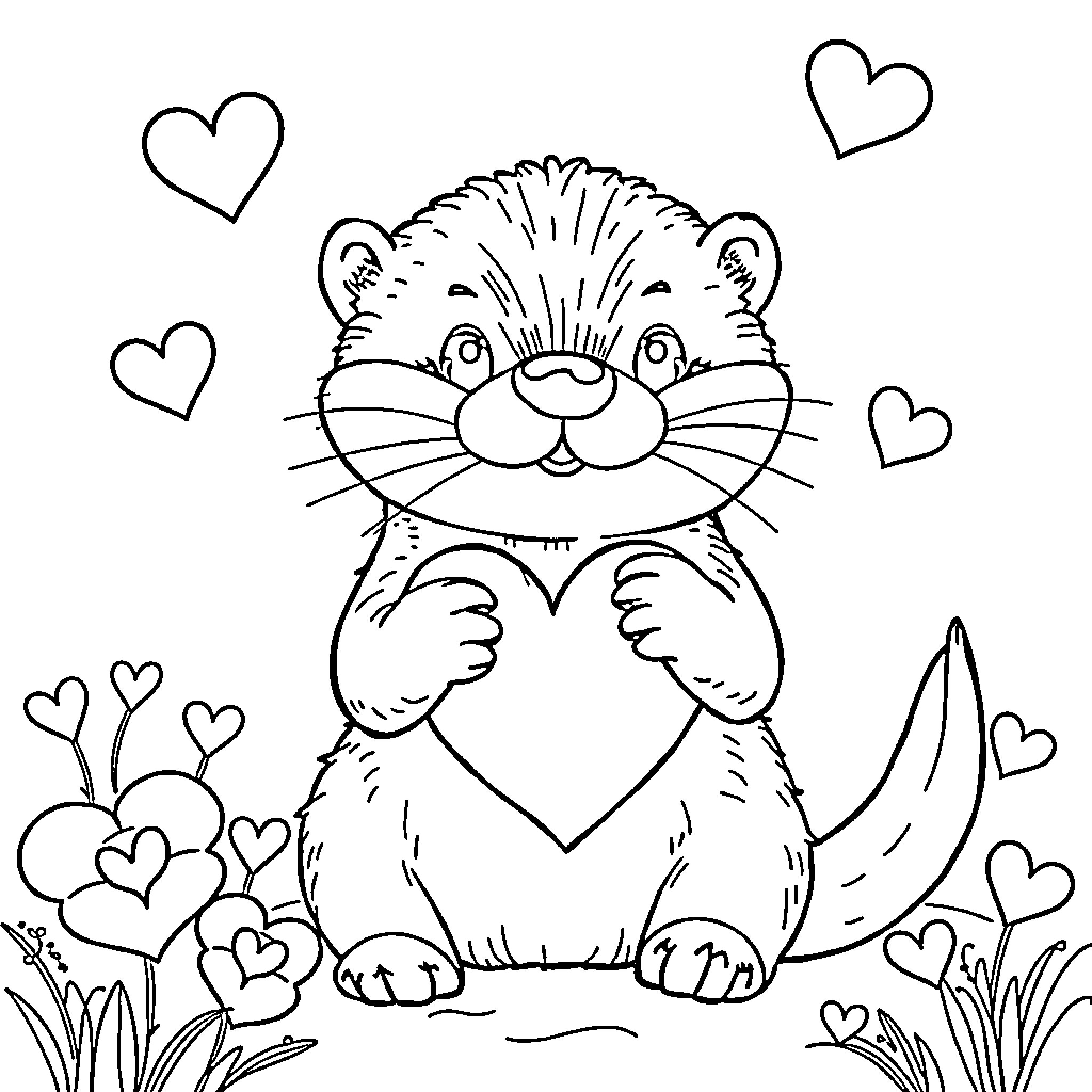 Otter holding a heart surrounded by flowers Coloring Page (free black-and-white line drawing printable PDF for all, from beginners to advanced learners, including children, teens, adults, and seniors)