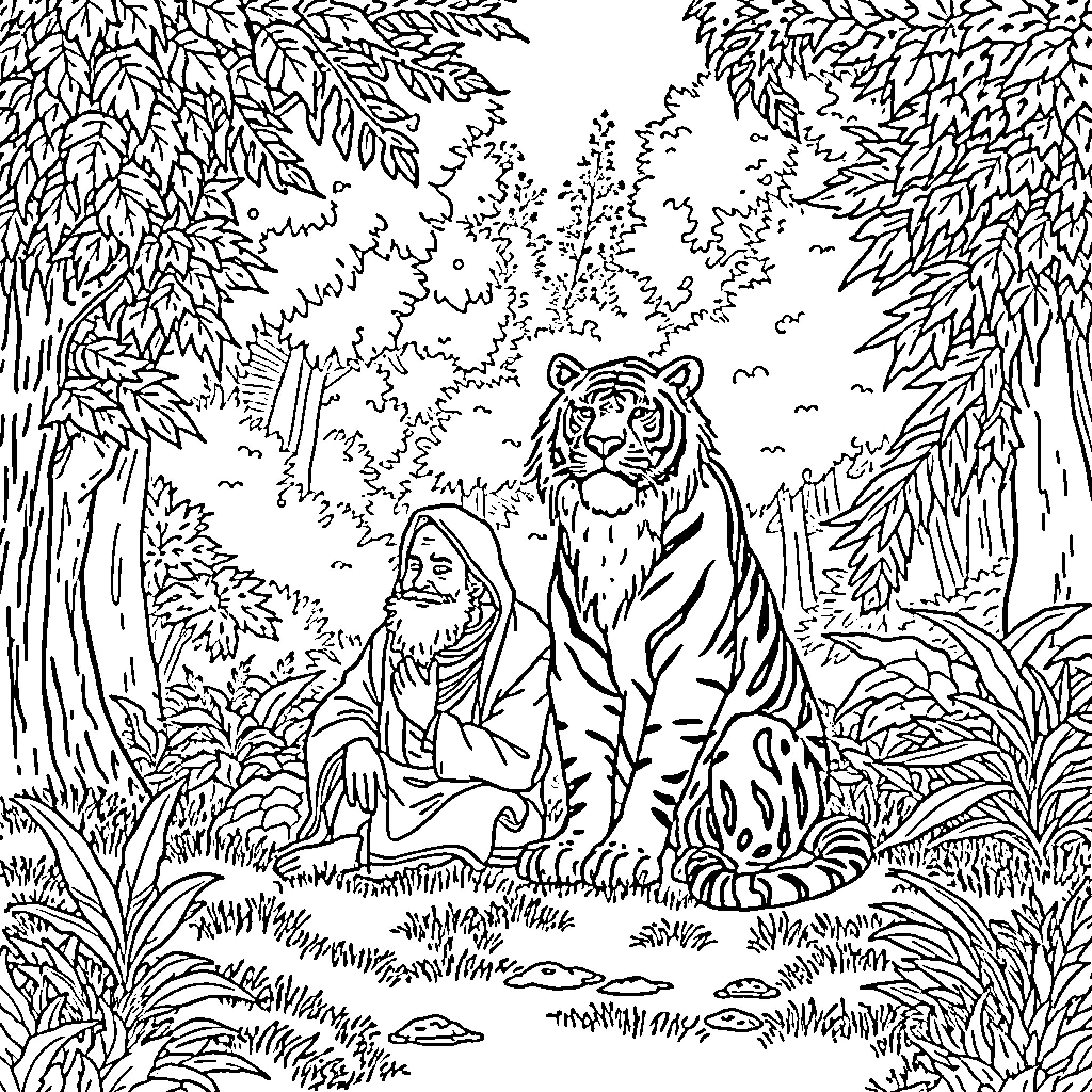 Rumi with a Tiger in the Lush Forest Coloring Page (free black-and-white line drawing printable PDF for all, from beginners to advanced learners, including children, teens, adults, and seniors)